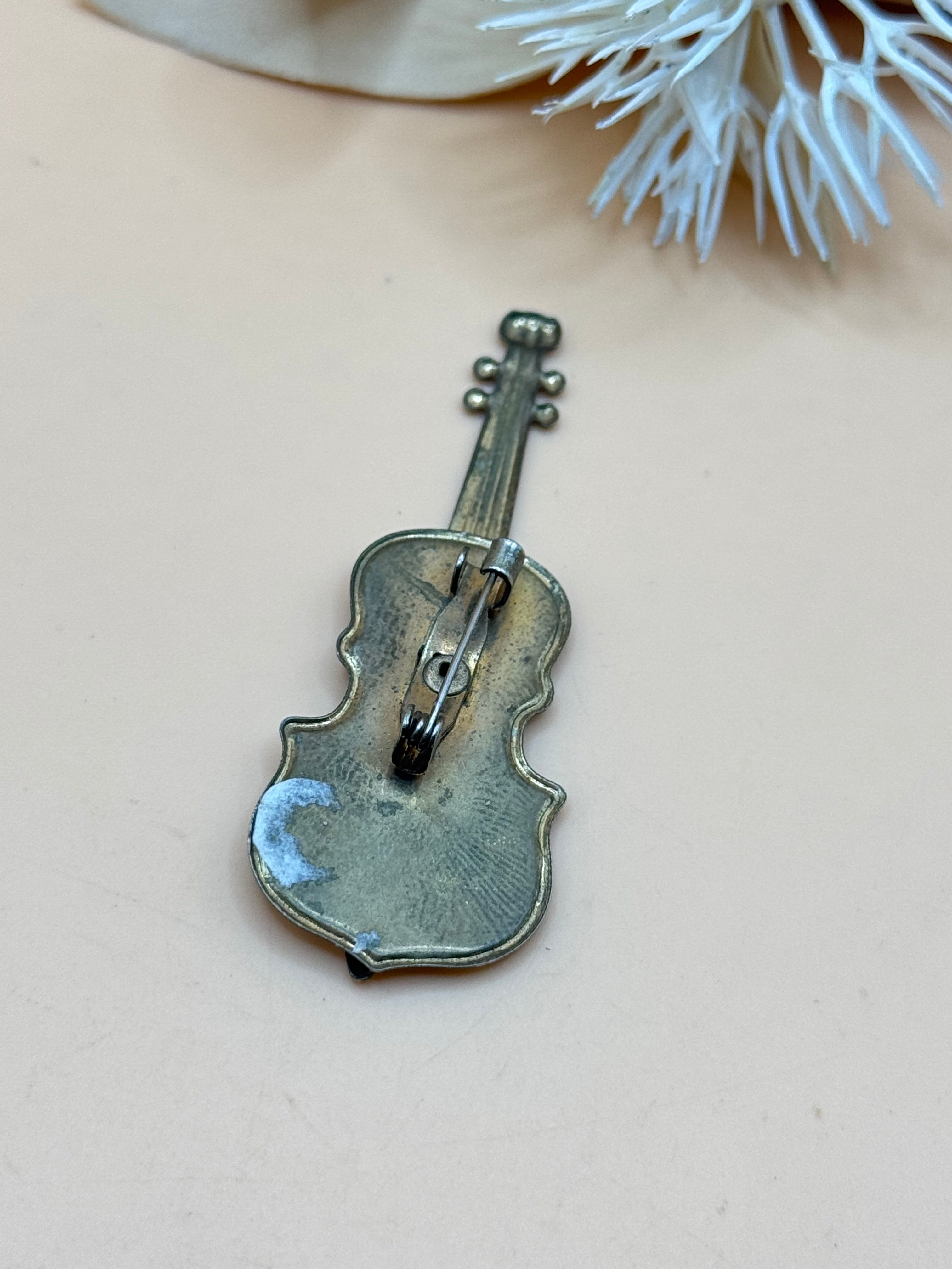 Vintage Silver Tone Glitter Violin Brooch Pin