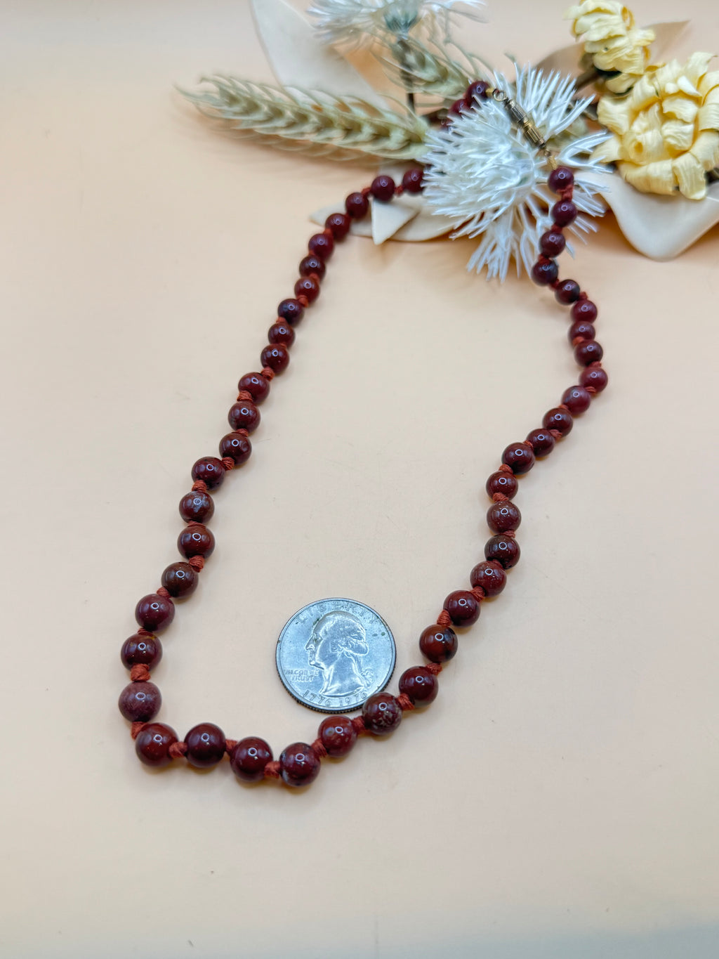 Vintage Burgundy Beaded Knotted Necklace 16 Inch Screw Barrel Clasp
