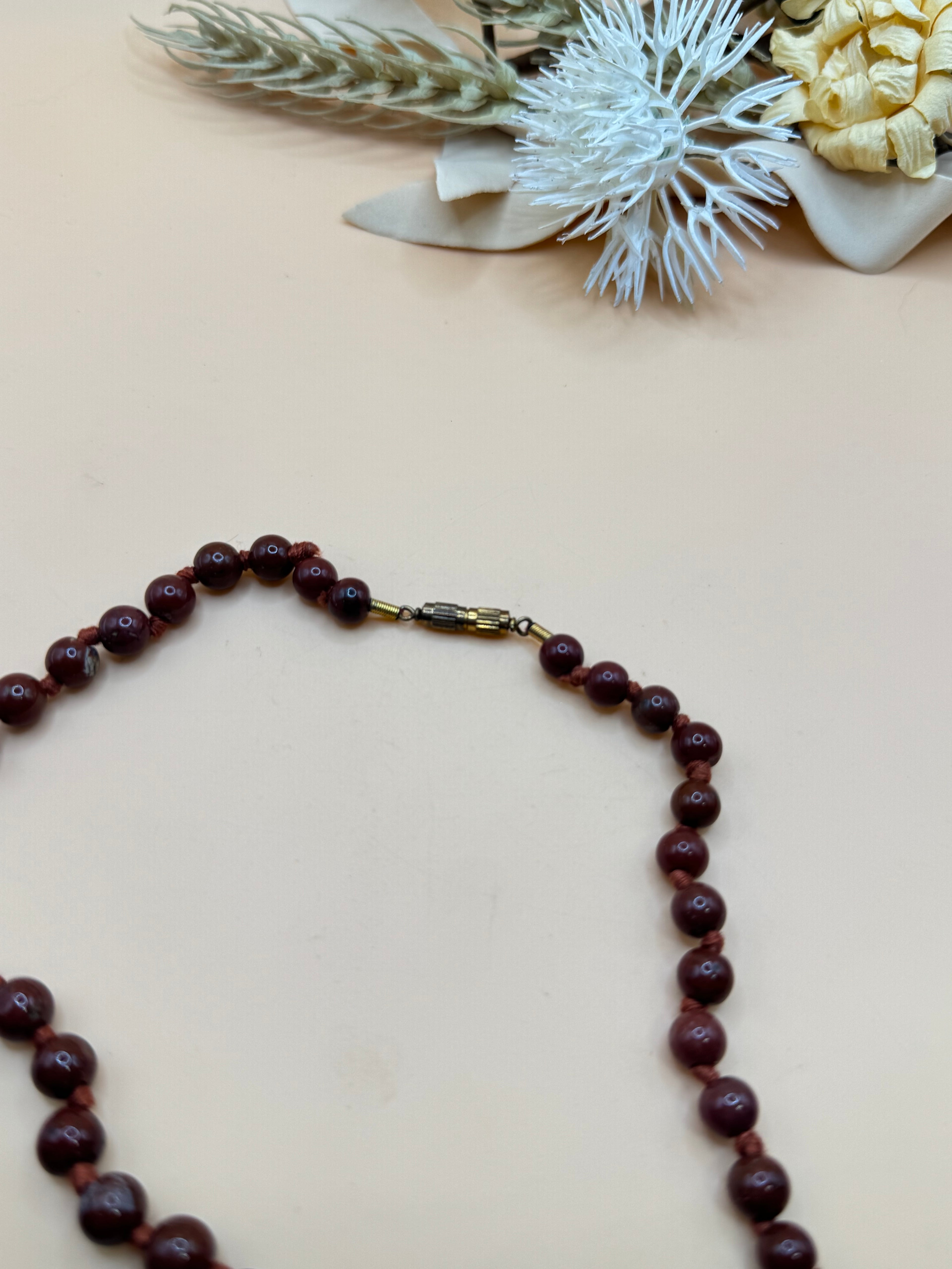 Vintage Burgundy Beaded Knotted Necklace 16 Inch Screw Barrel Clasp