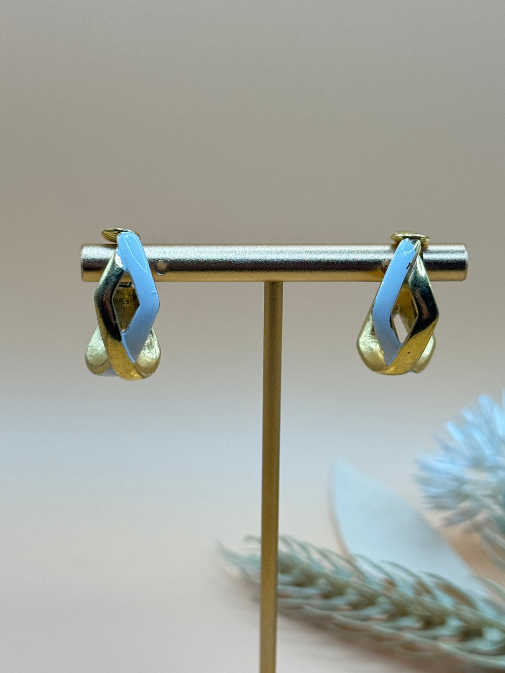Vintage Crown Trifari Gold Tone & Light Blue Enamel Clip-On Earrings
