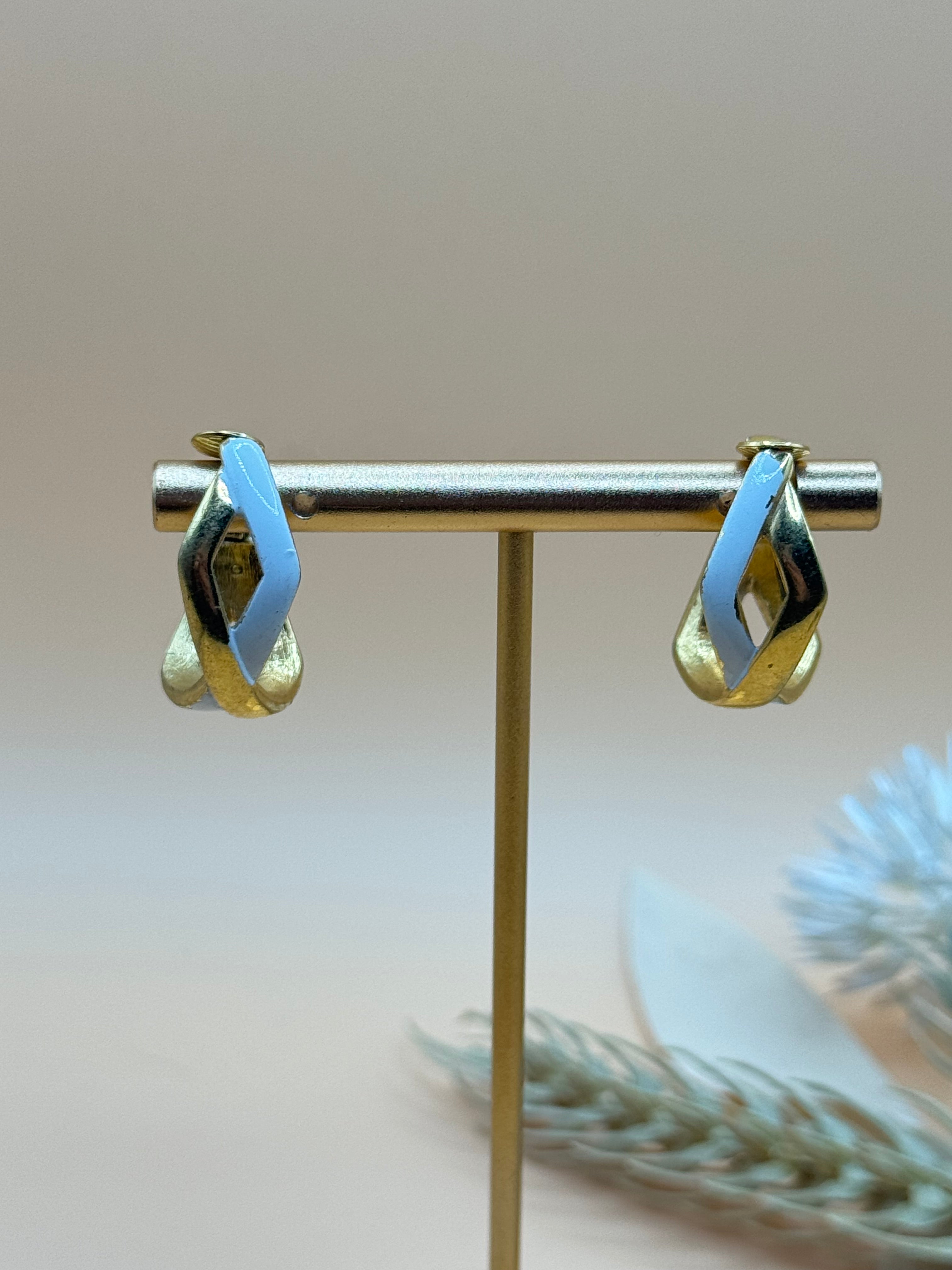 Vintage Crown Trifari Gold Tone & Light Blue Enamel Clip-On Earrings