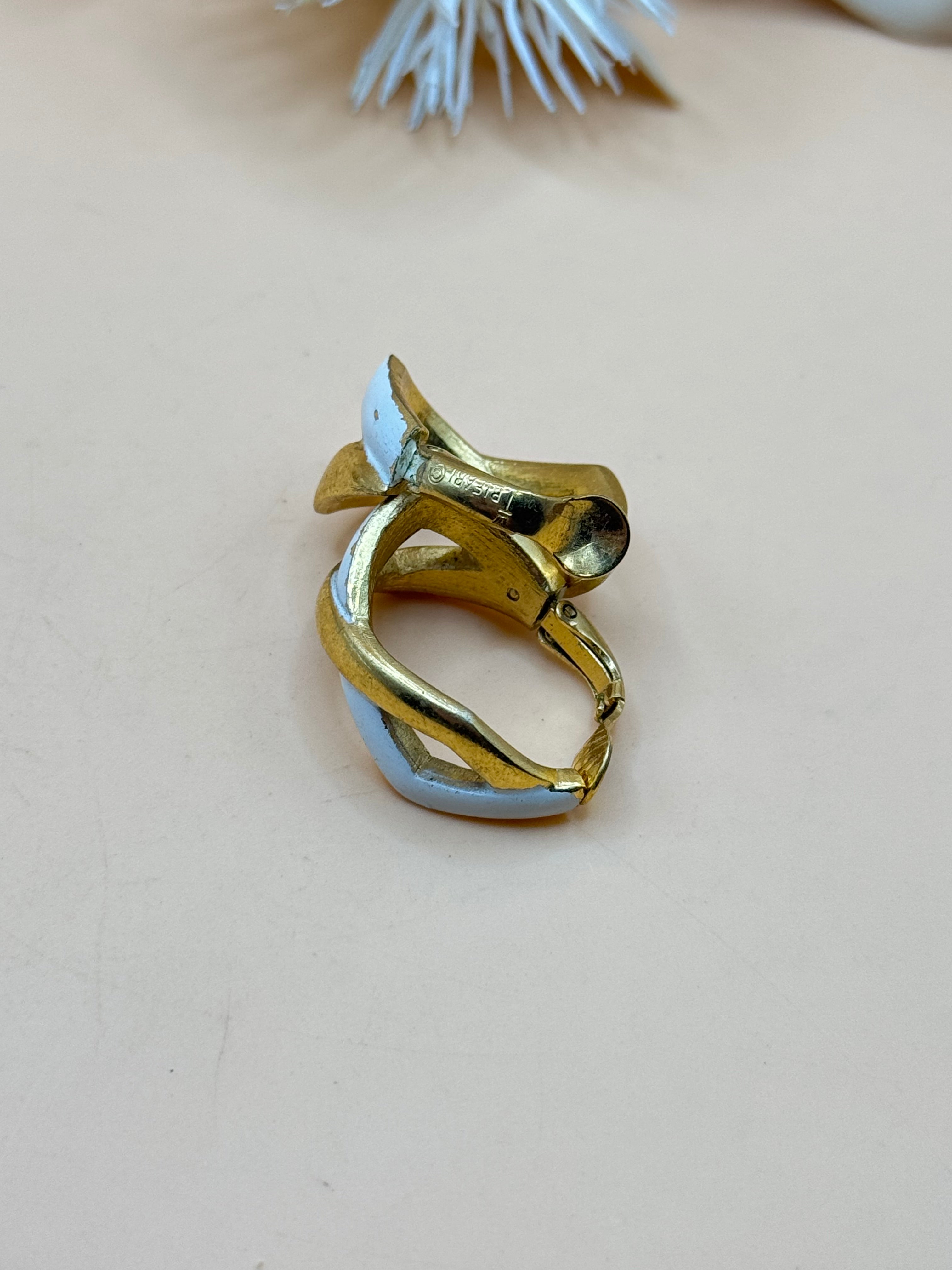 Vintage Crown Trifari Gold Tone & Light Blue Enamel Clip-On Earrings
