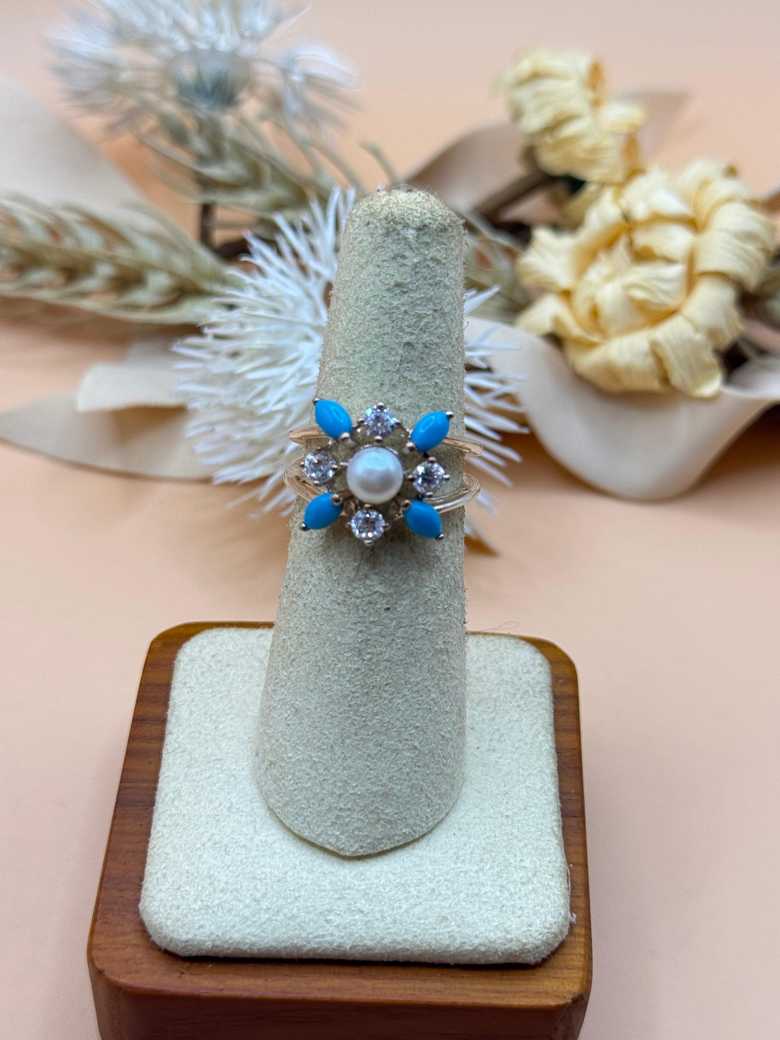 925 Sterling Silver Turquoise-Colored & Faux Pearl Floral Ring Size 5.5