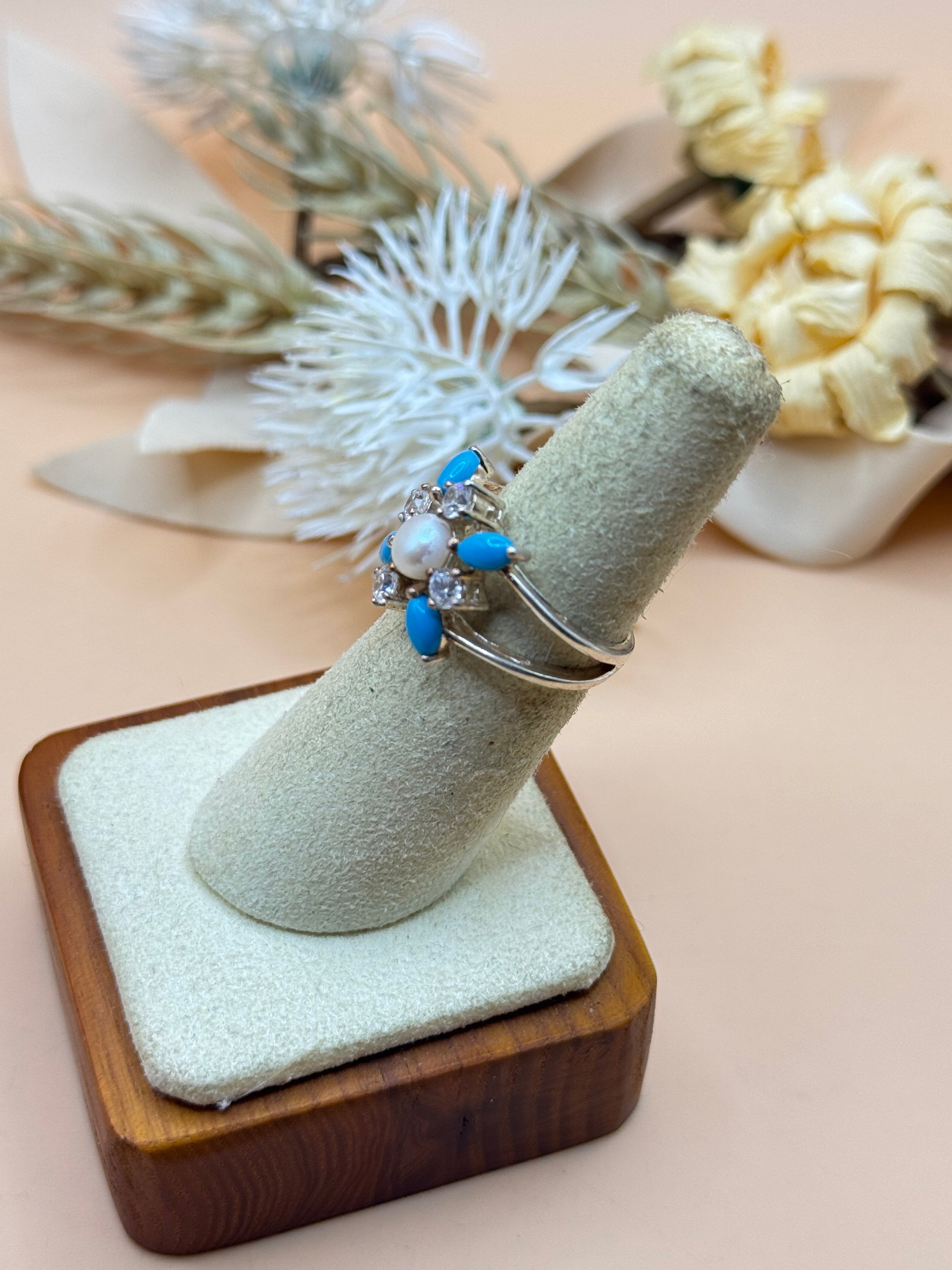 925 Sterling Silver Turquoise-Colored & Faux Pearl Floral Ring Size 5.5