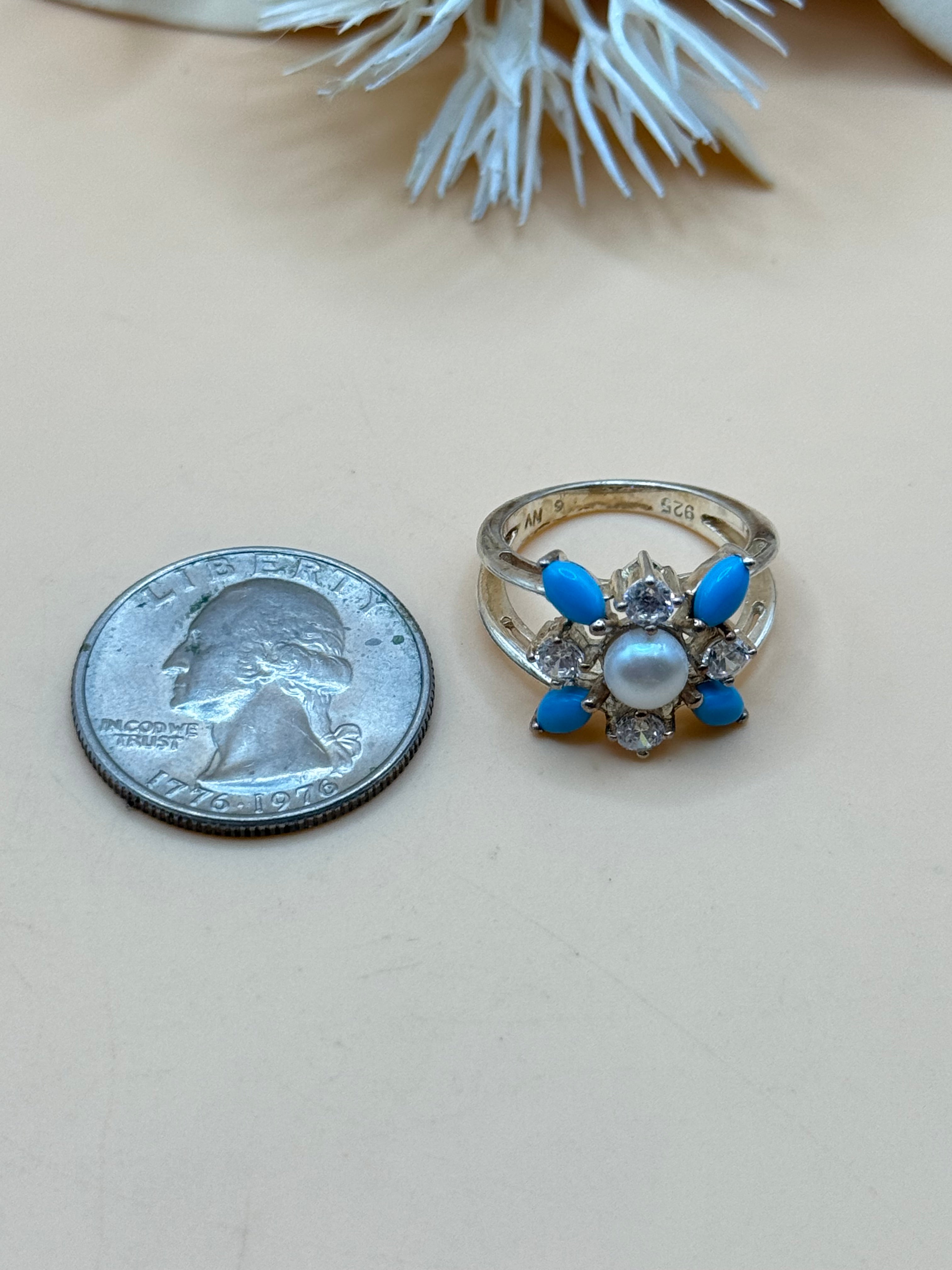 925 Sterling Silver Turquoise-Colored & Faux Pearl Floral Ring Size 5.5