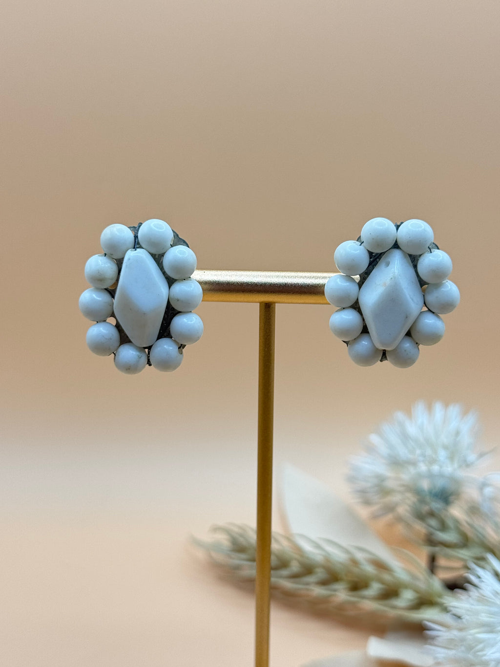 Vintage White Beaded Cluster Screw-Back Earrings