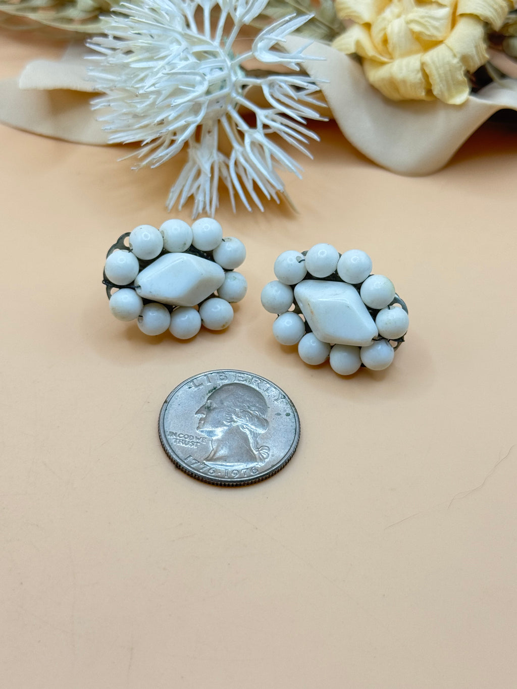 Vintage White Beaded Cluster Screw-Back Earrings