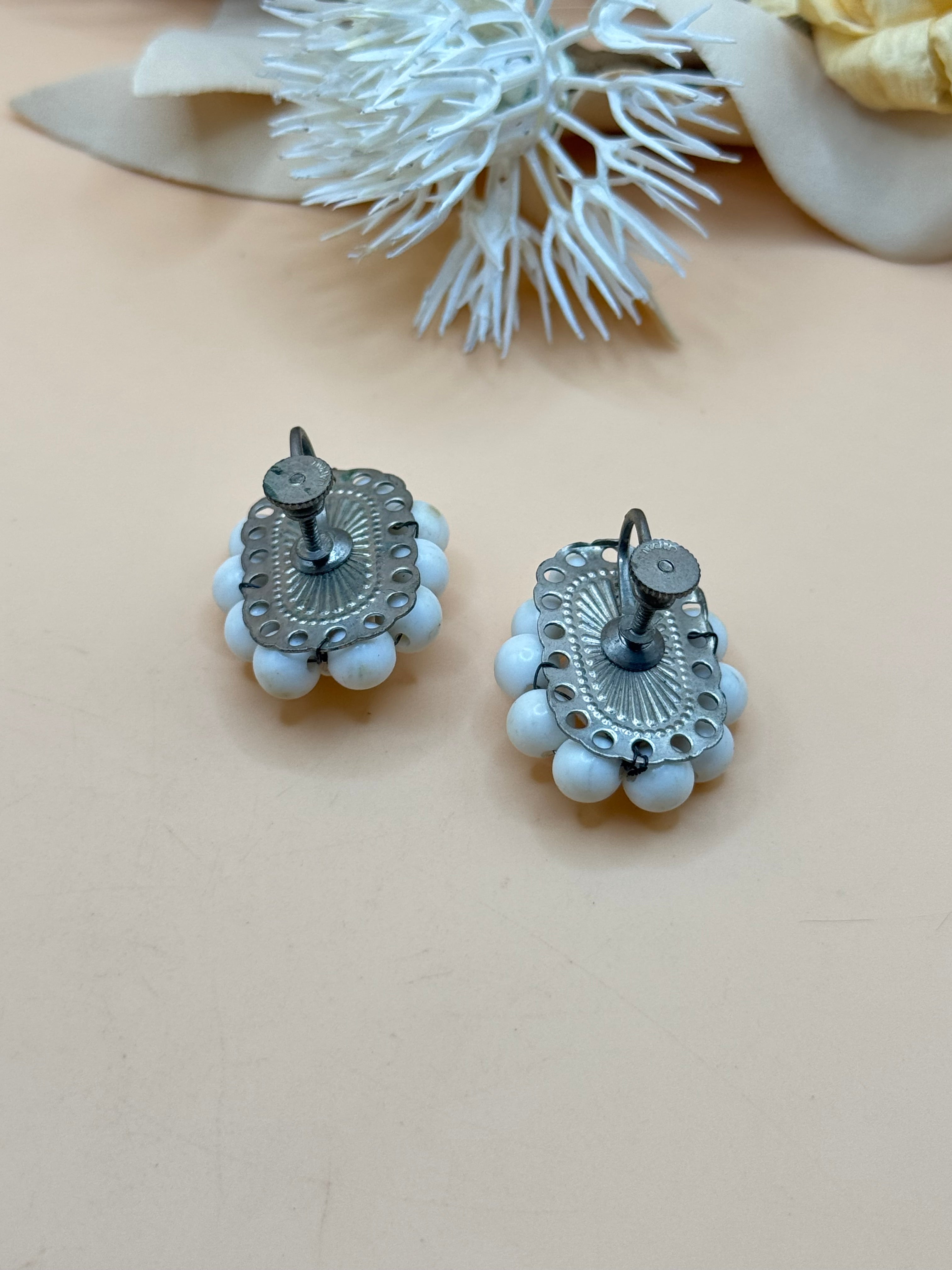Vintage White Beaded Cluster Screw-Back Earrings