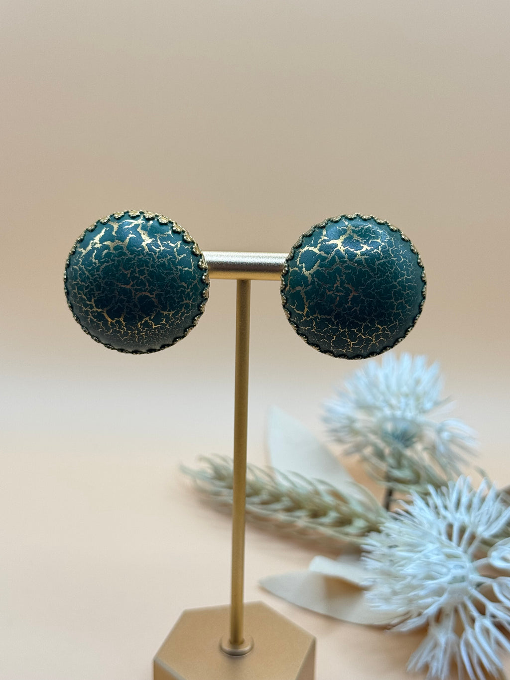 Vintage Teal Crackle Dome Clip-On Earrings