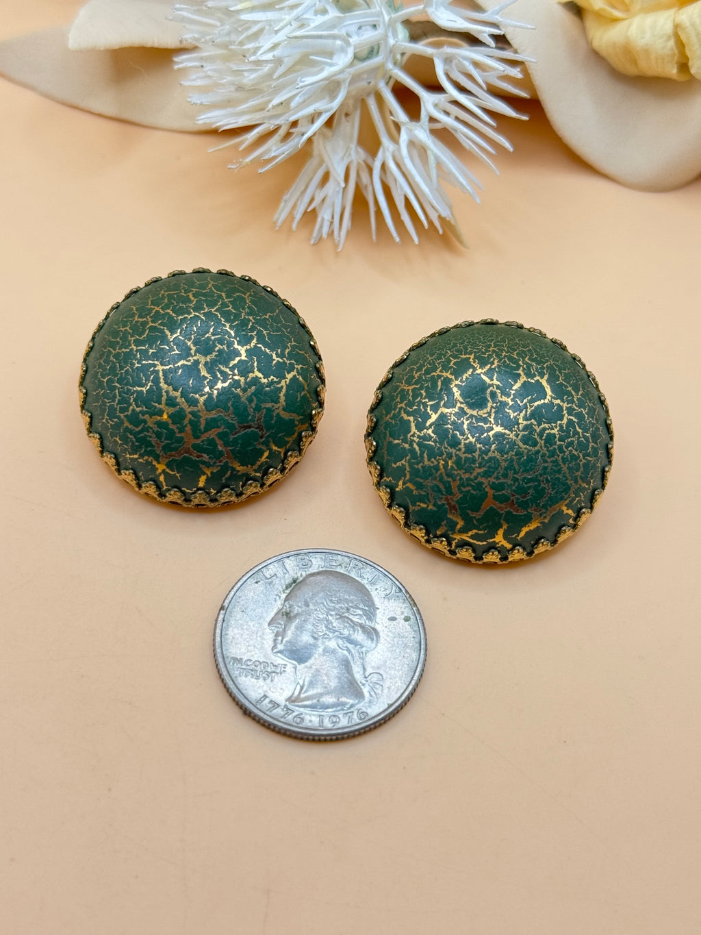 Vintage Teal Crackle Dome Clip-On Earrings