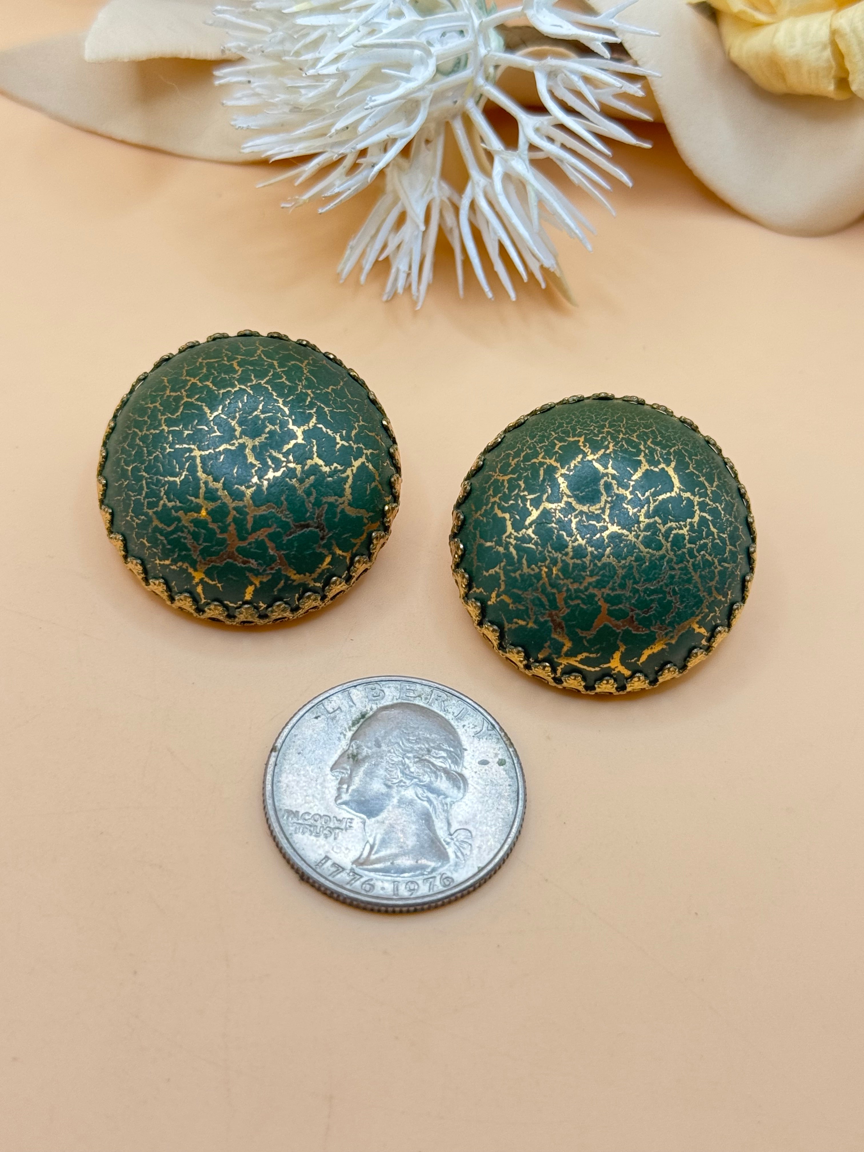 Vintage Teal Crackle Dome Clip-On Earrings