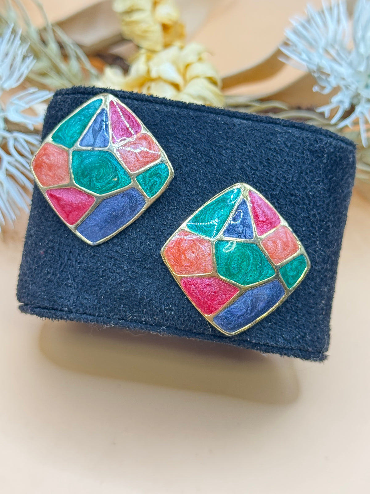 Vintage Gold Tone Multicolor Enamel Mosaic Geometric Square Stud Earrings