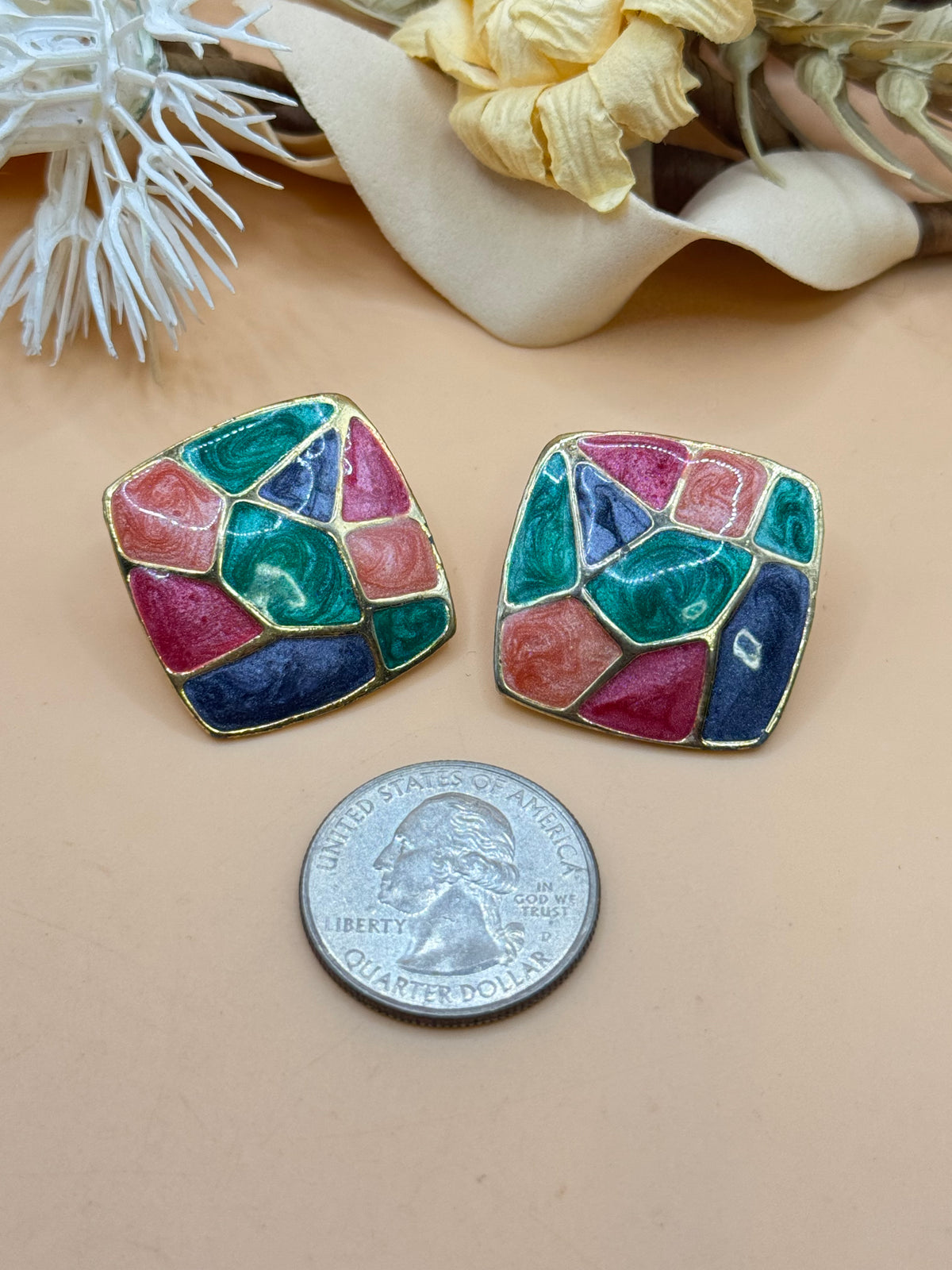 Vintage Gold Tone Multicolor Enamel Mosaic Geometric Square Stud Earrings