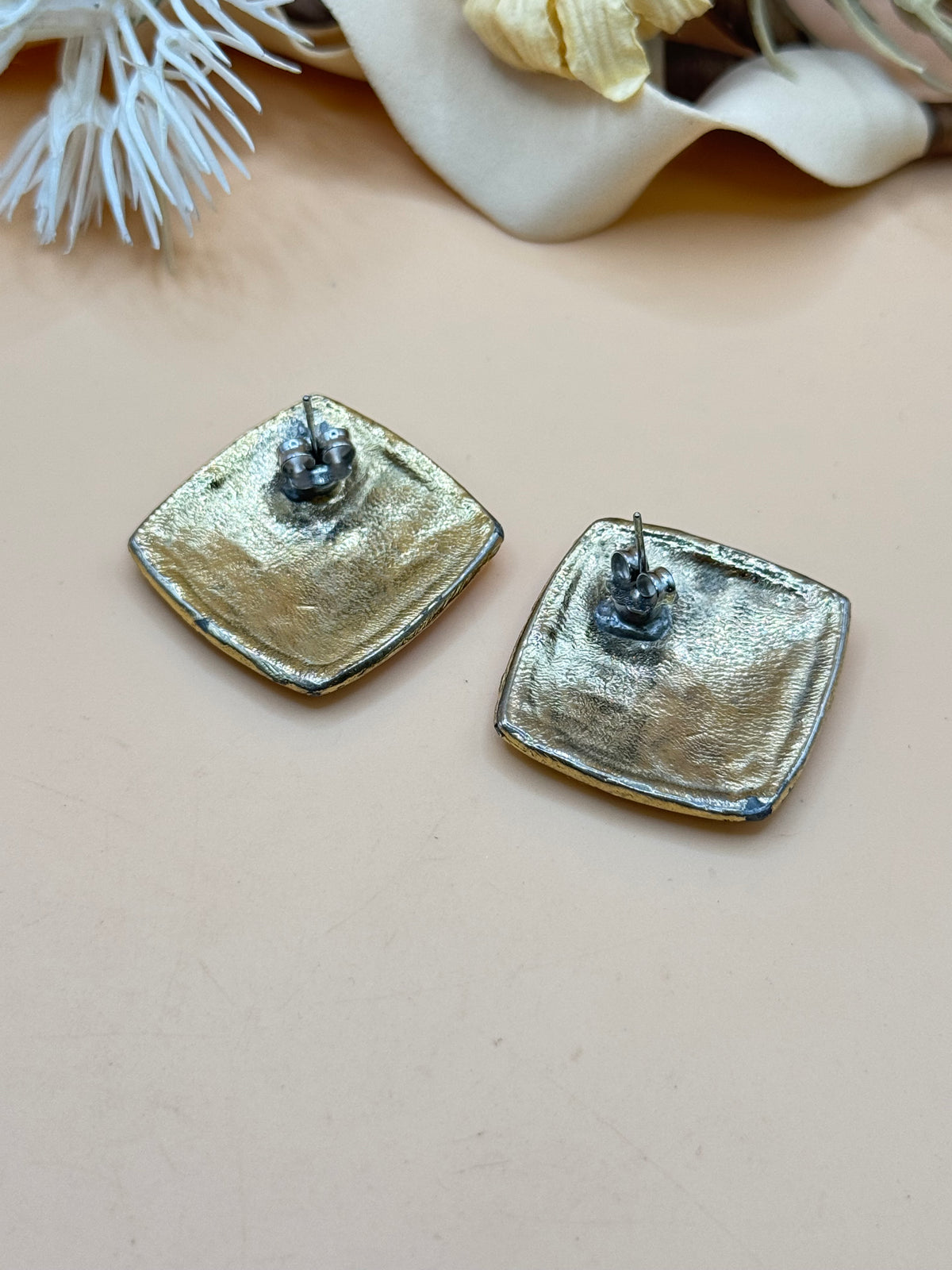 Vintage Gold Tone Multicolor Enamel Mosaic Geometric Square Stud Earrings