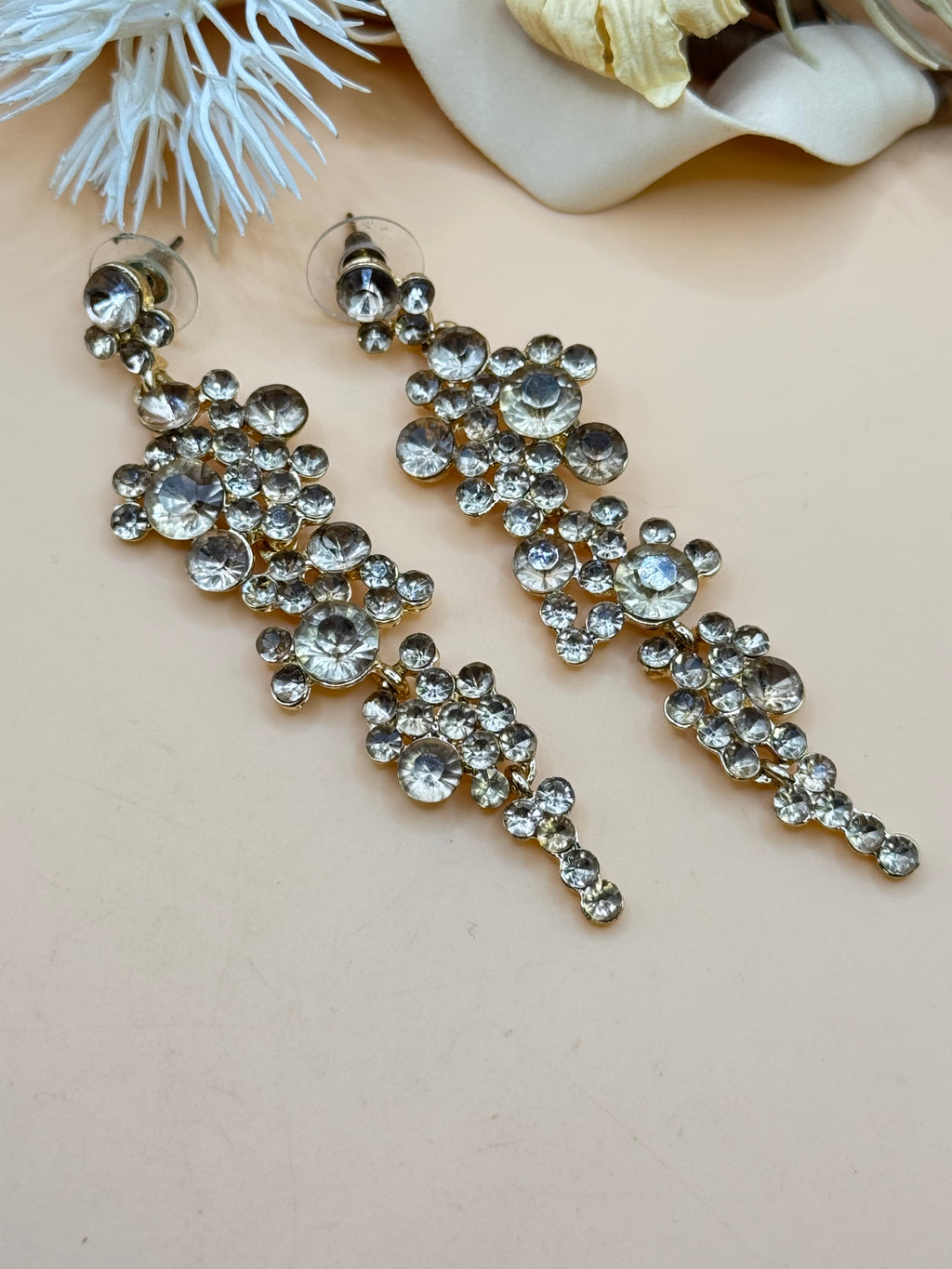 Gold Tone Clear Rhinestone Statement Chandelier Dangle Earrings