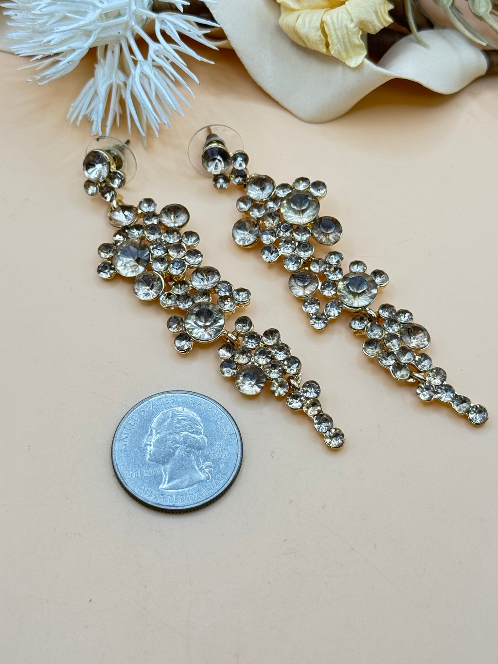 Gold Tone Clear Rhinestone Statement Chandelier Dangle Earrings