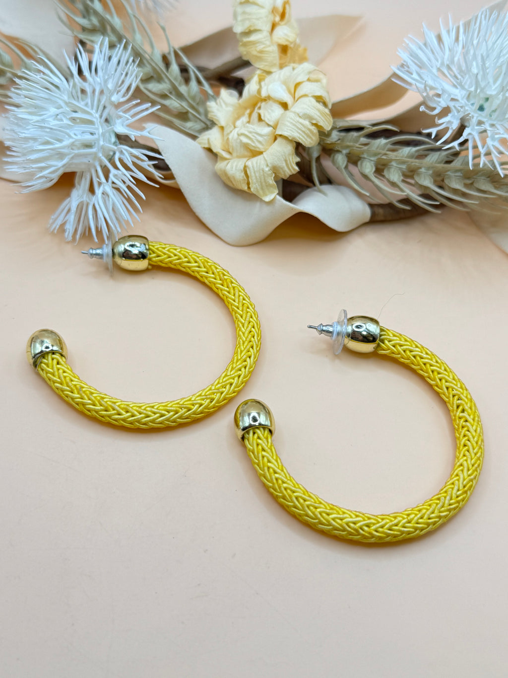 Yellow Braided Hoop Statement Earrings Gold Tone Oversized Open Hoops
