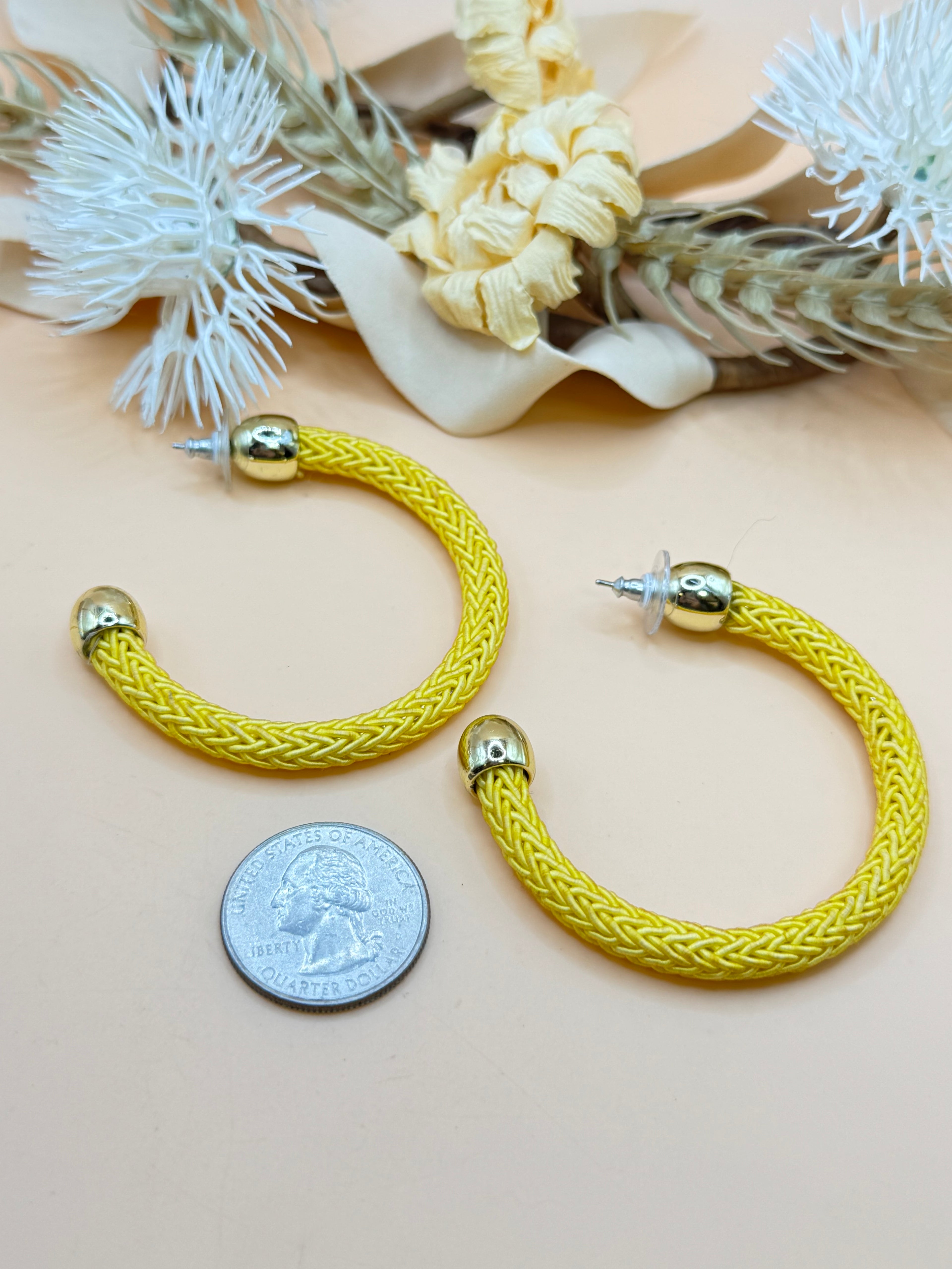 Yellow Braided Hoop Statement Earrings Gold Tone Oversized Open Hoops