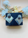 Vintage Silver Tone Geometric Diamond & Oval Statement Earrings