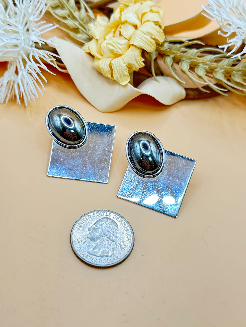 Vintage Silver Tone Geometric Diamond & Oval Statement Earrings