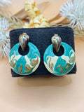 Vintage Gold Tone Teal Enamel Swirl Disc Statement Earrings
