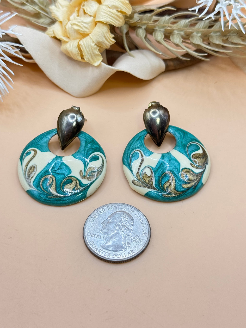 Vintage Gold Tone Teal Enamel Swirl Disc Statement Earrings