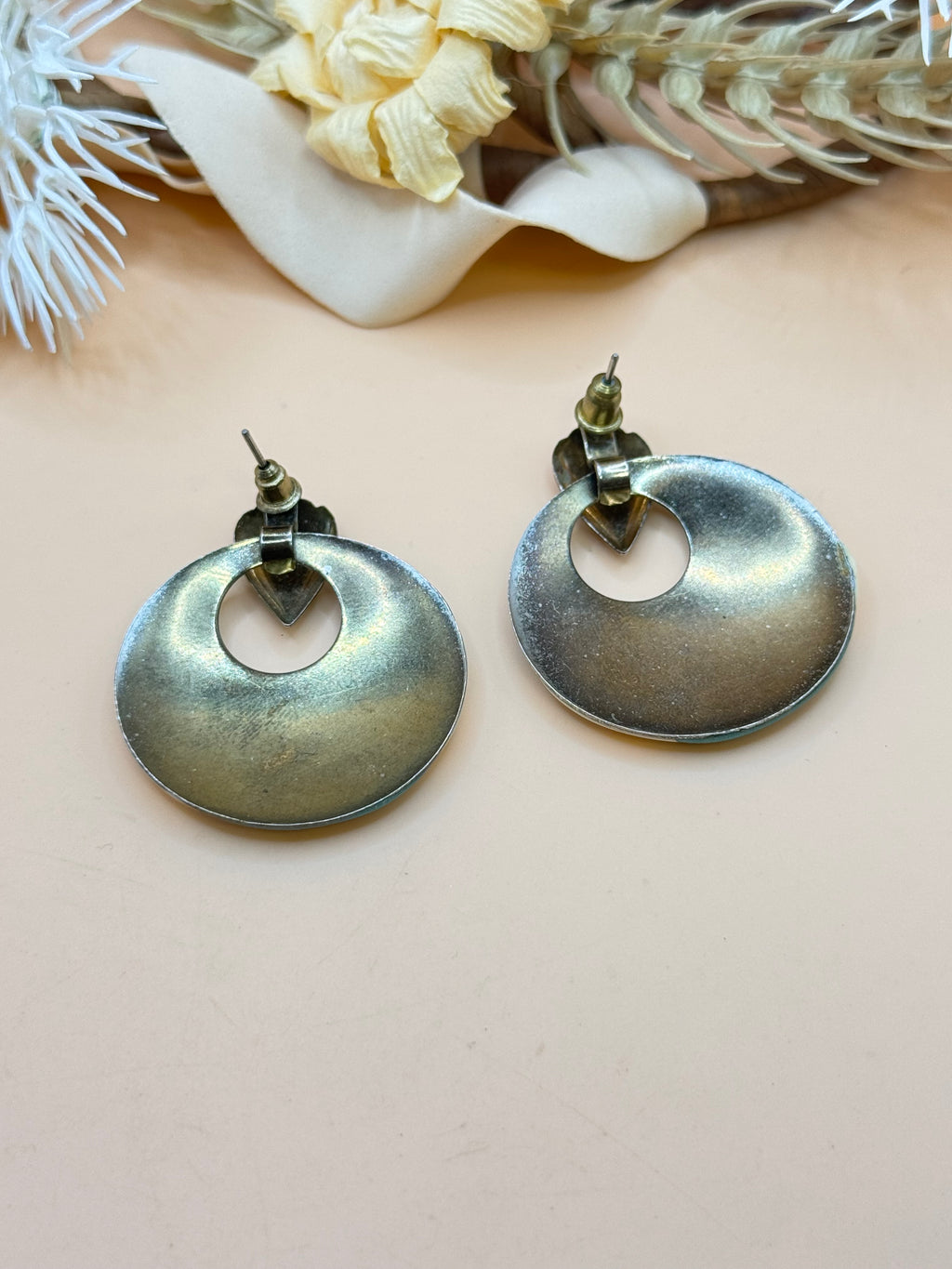 Vintage Gold Tone Teal Enamel Swirl Disc Statement Earrings