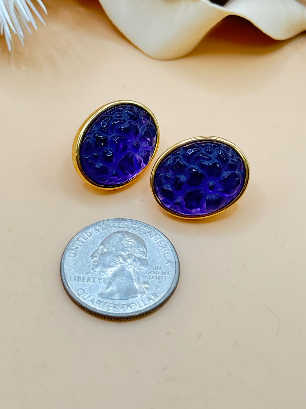 Vintage Gold Tone Purple Floral Carved Cabochon Oval Stud Earrings
