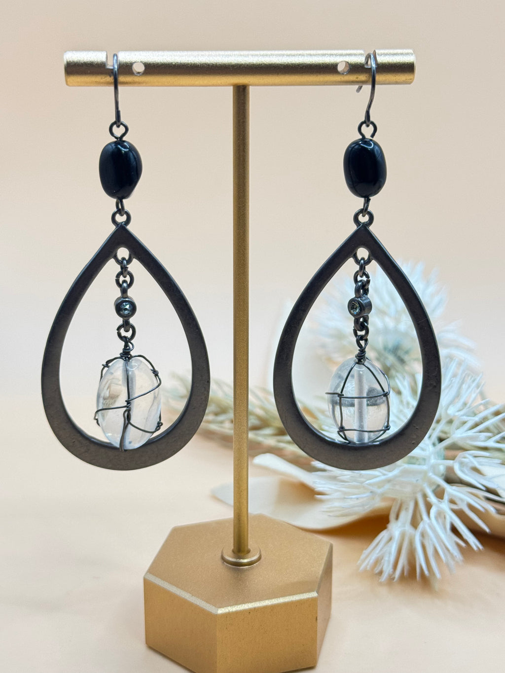 Vintage Silver Tone Teardrop Wire Wrapped Clear Bead Dangle Earrings