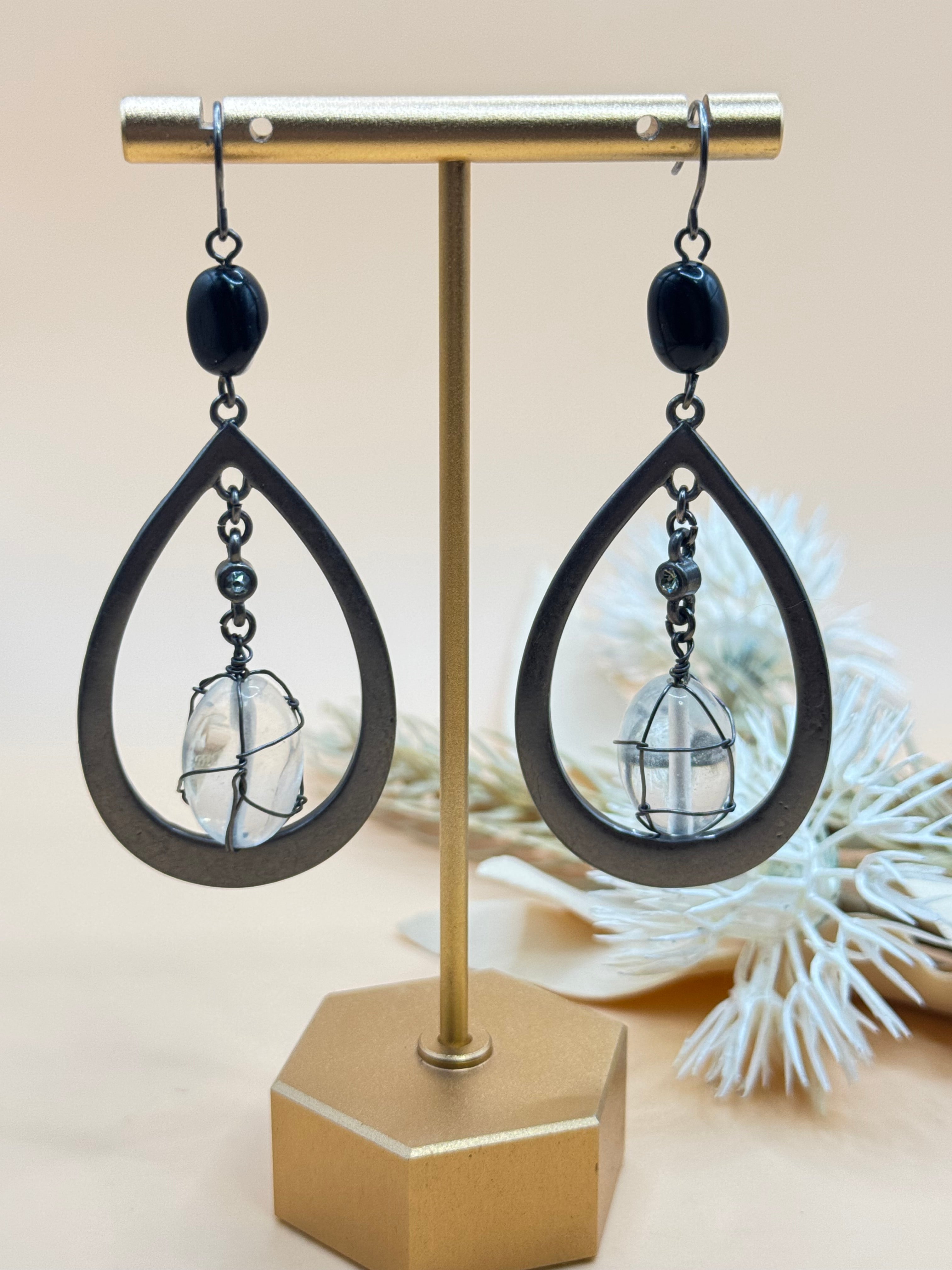 Vintage Silver Tone Teardrop Wire Wrapped Clear Bead Dangle Earrings