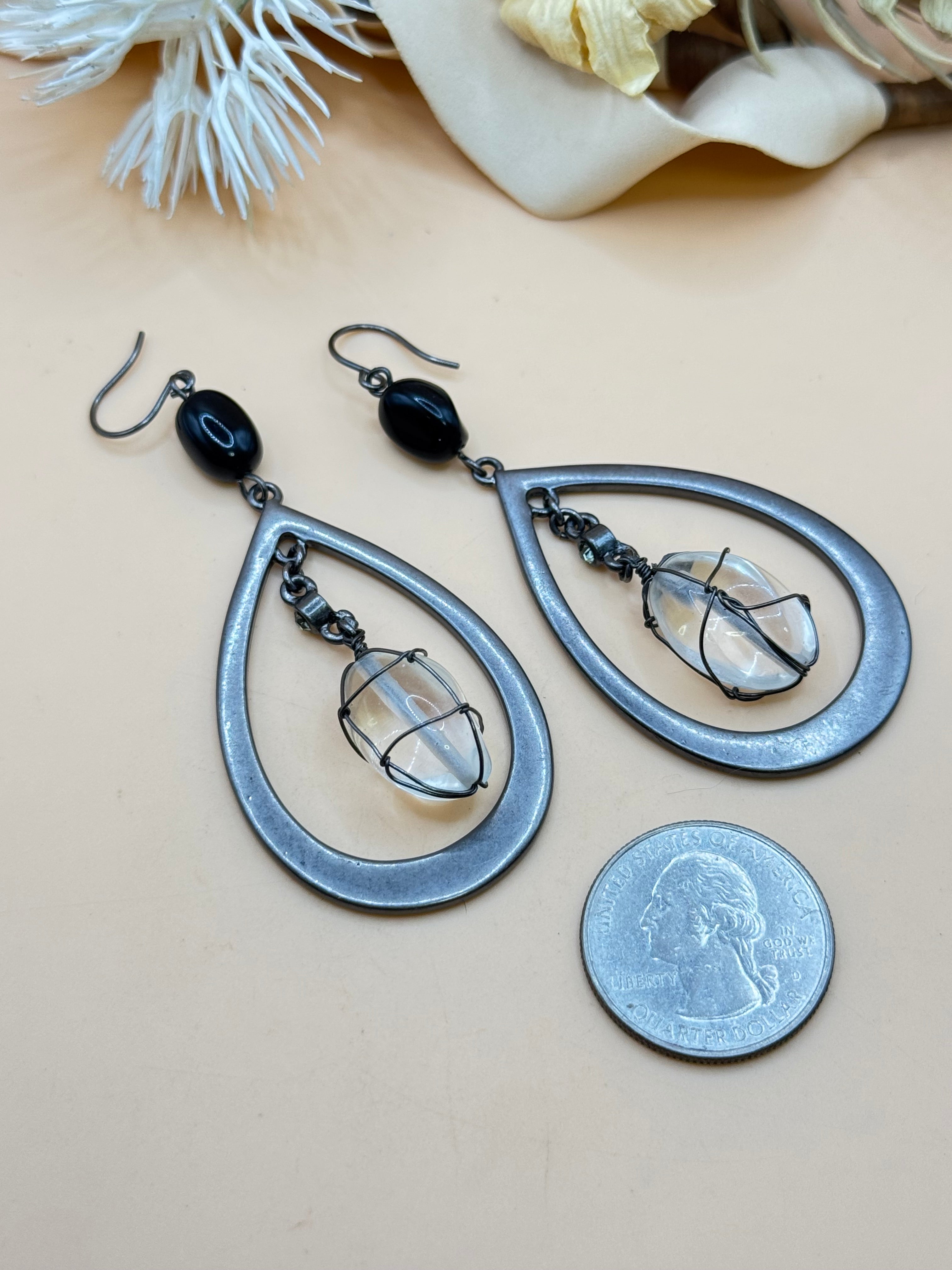 Vintage Silver Tone Teardrop Wire Wrapped Clear Bead Dangle Earrings