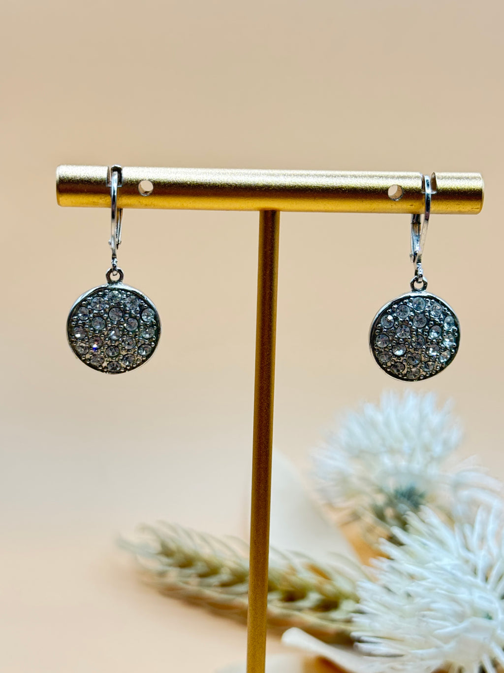 Silver Tone Clear Rhinestone Pave Disc Leverback Dangle Earrings