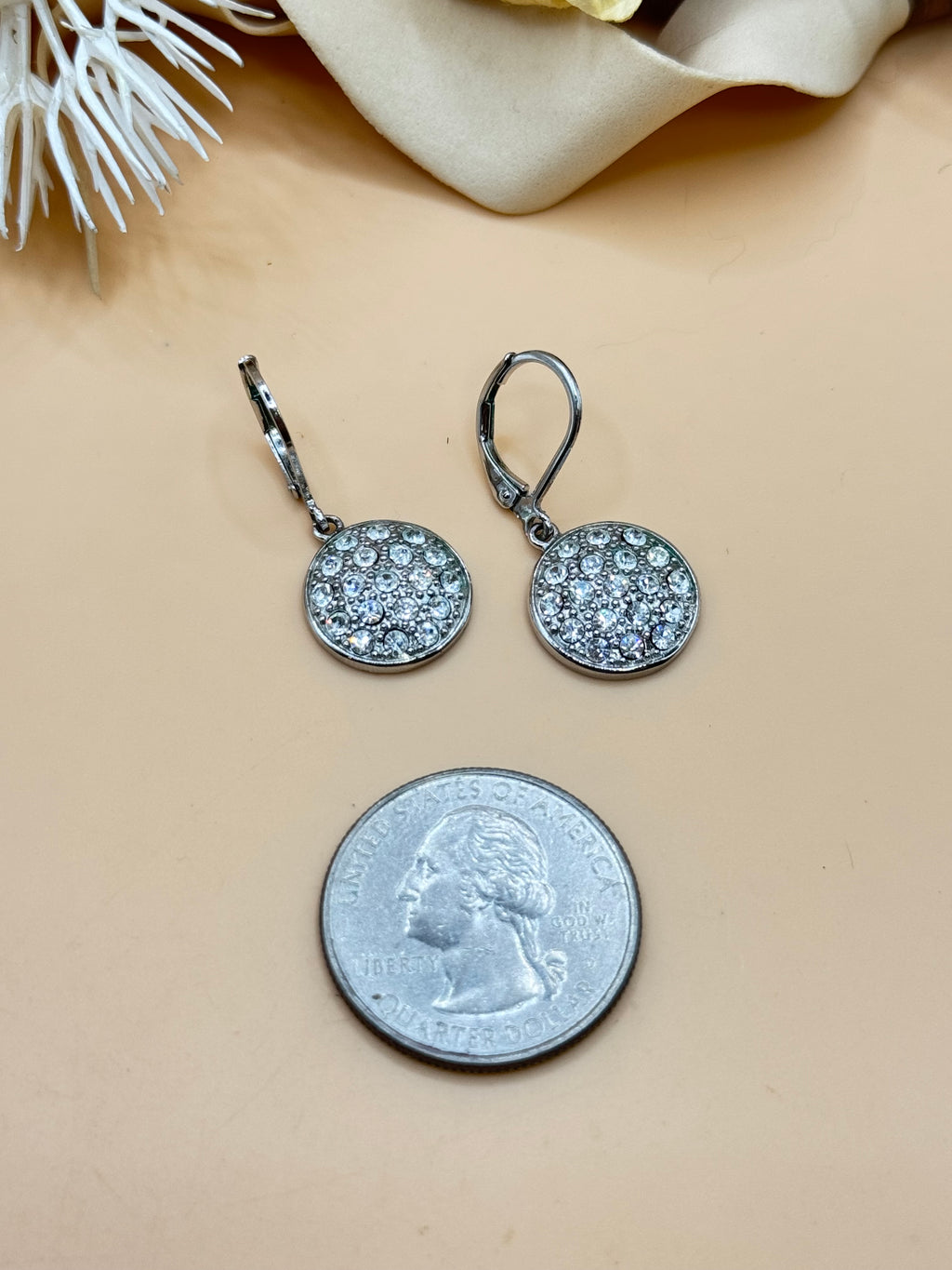 Silver Tone Clear Rhinestone Pave Disc Leverback Dangle Earrings