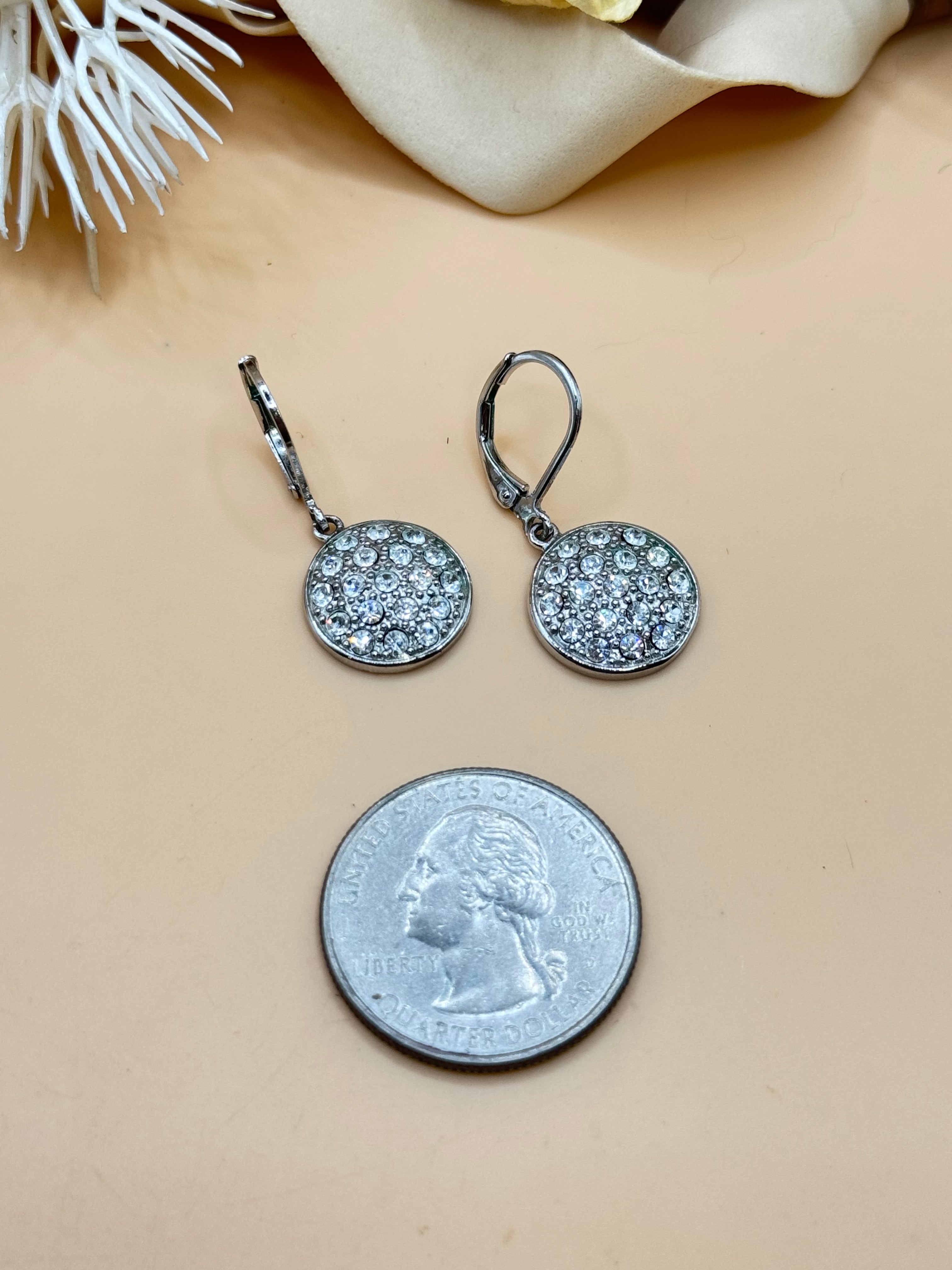 Silver Tone Clear Rhinestone Pave Disc Leverback Dangle Earrings