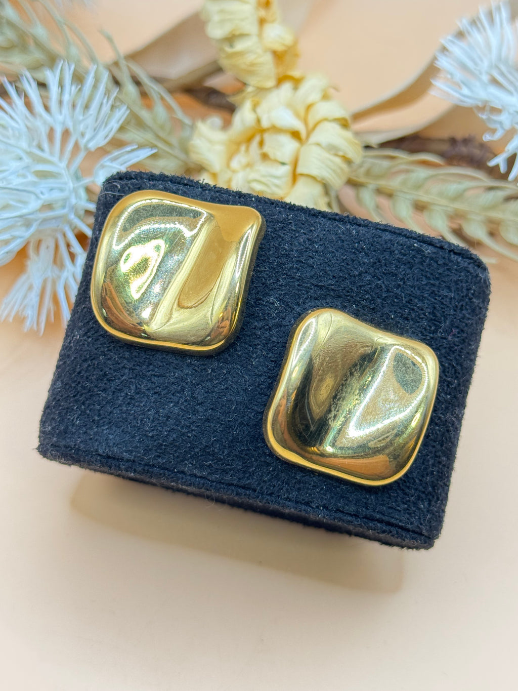 Vintage Gold Tone Sculptural Square Dome Stud Earrings