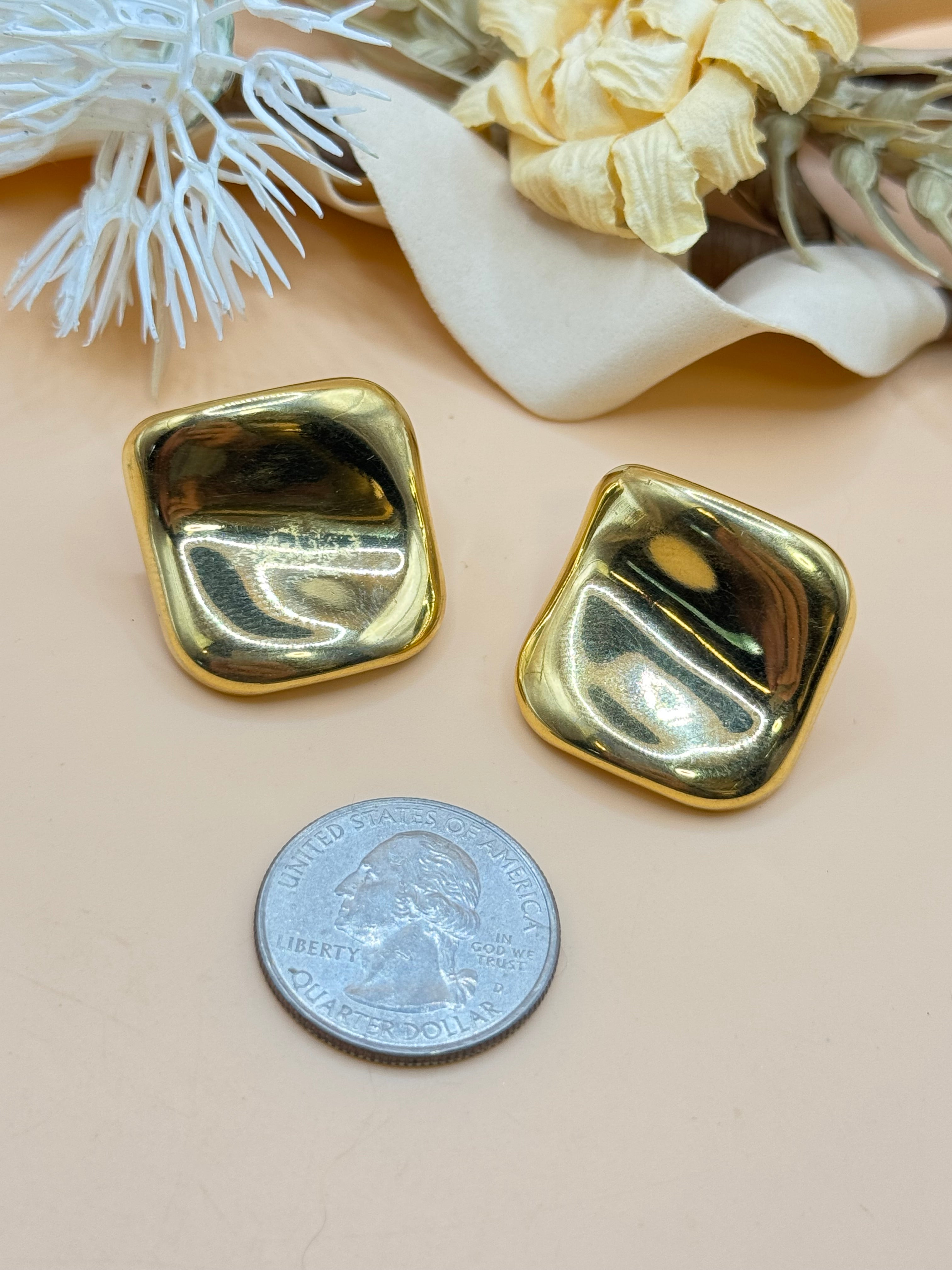 Vintage Gold Tone Sculptural Square Dome Stud Earrings