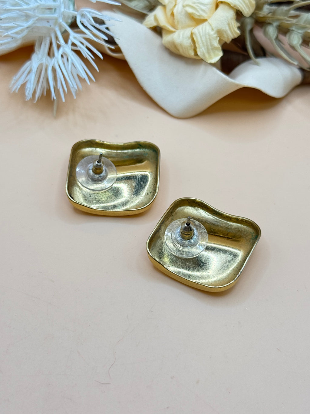 Vintage Gold Tone Sculptural Square Dome Stud Earrings
