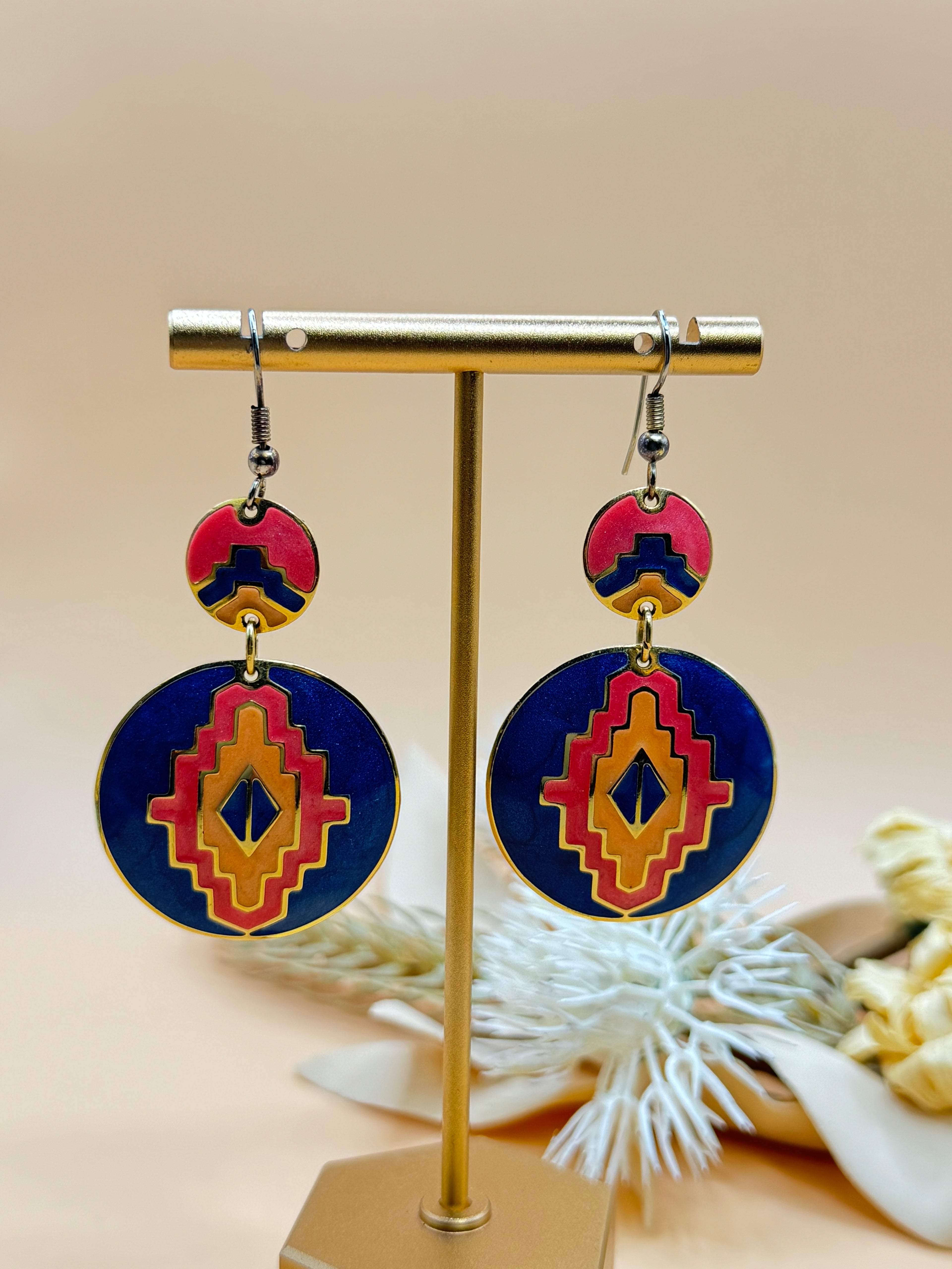 Vintage Southwestern Style Enamel Geometric Dangle Earrings
