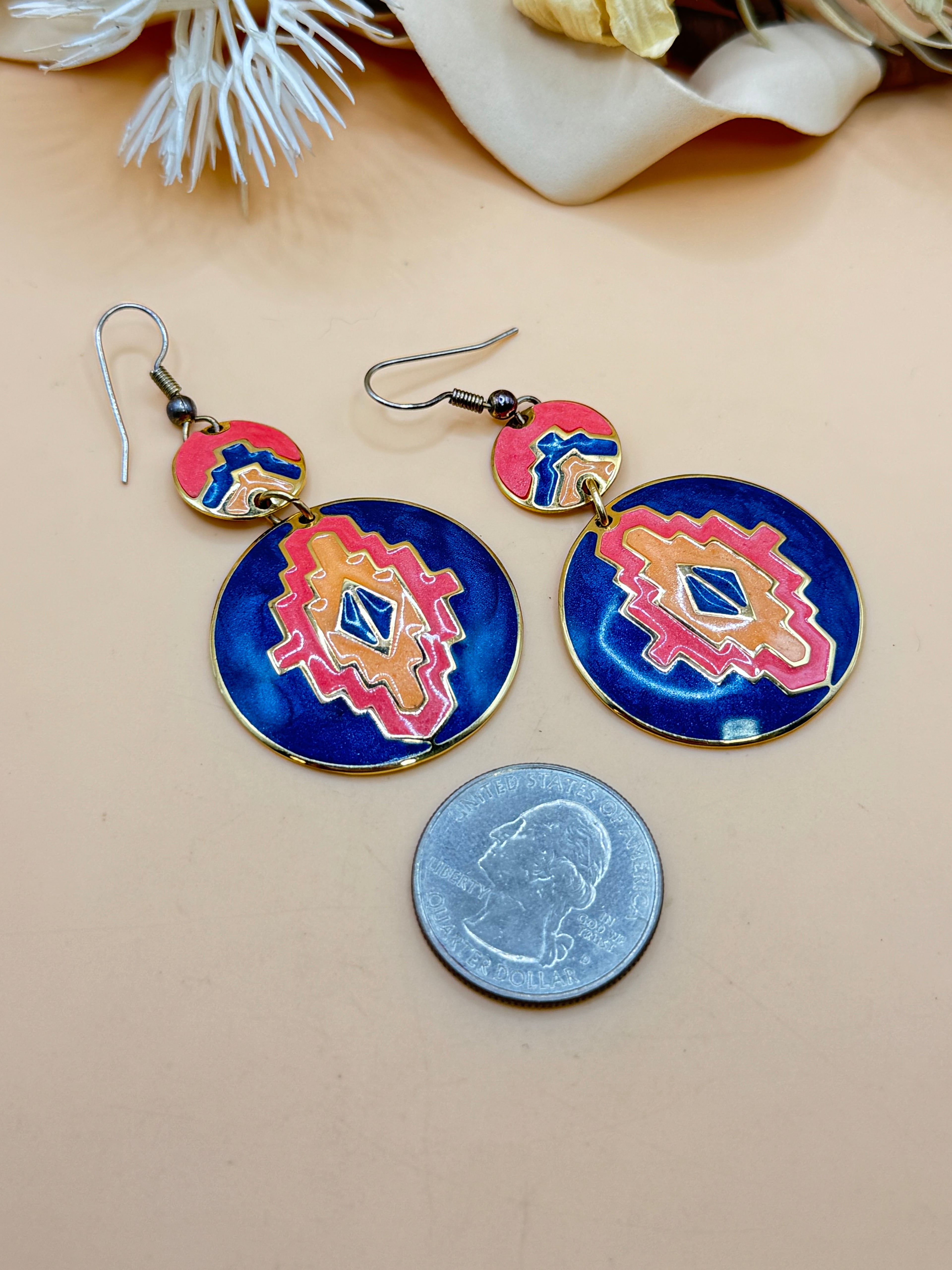 Vintage Southwestern Style Enamel Geometric Dangle Earrings