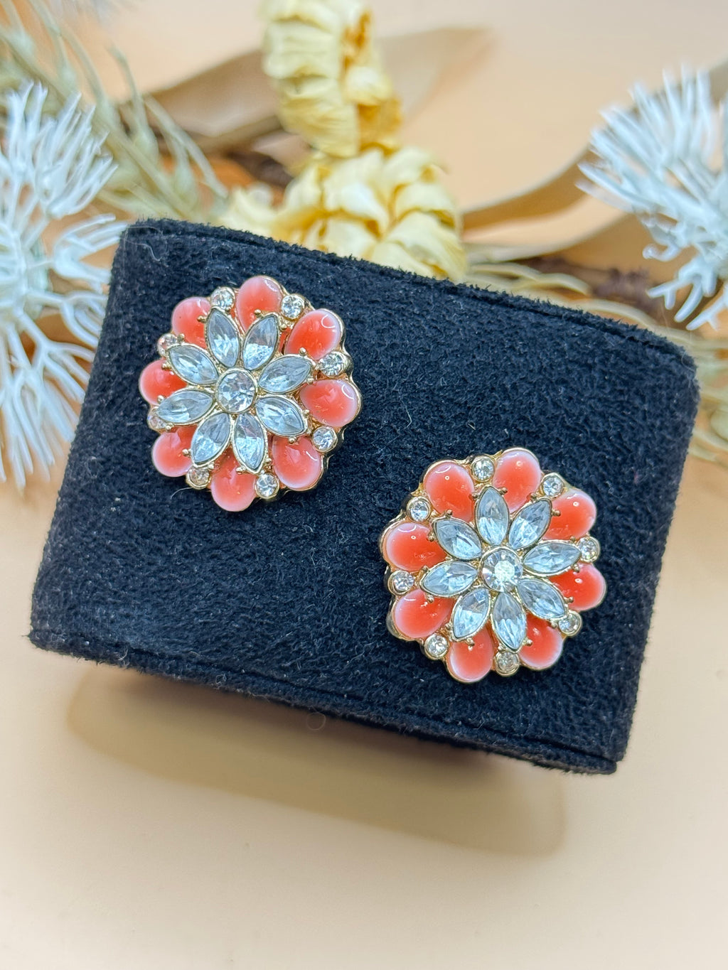 Coral Enamel & Rhinestone Floral Gold Tone Stud Earrings