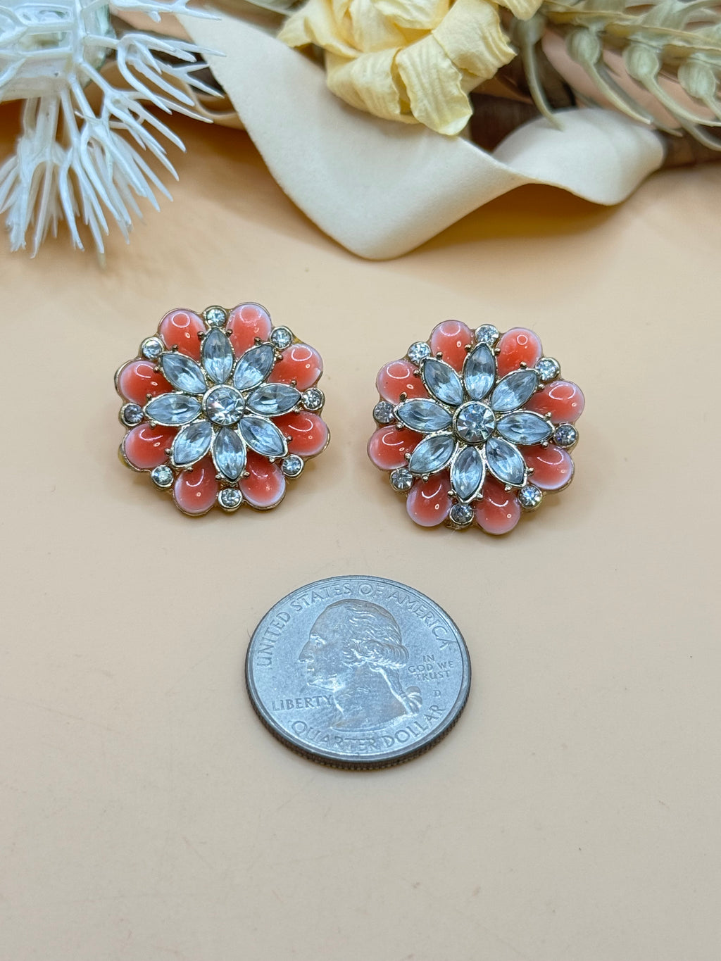 Coral Enamel & Rhinestone Floral Gold Tone Stud Earrings