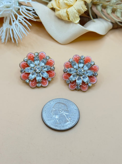Coral Enamel & Rhinestone Floral Gold Tone Stud Earrings