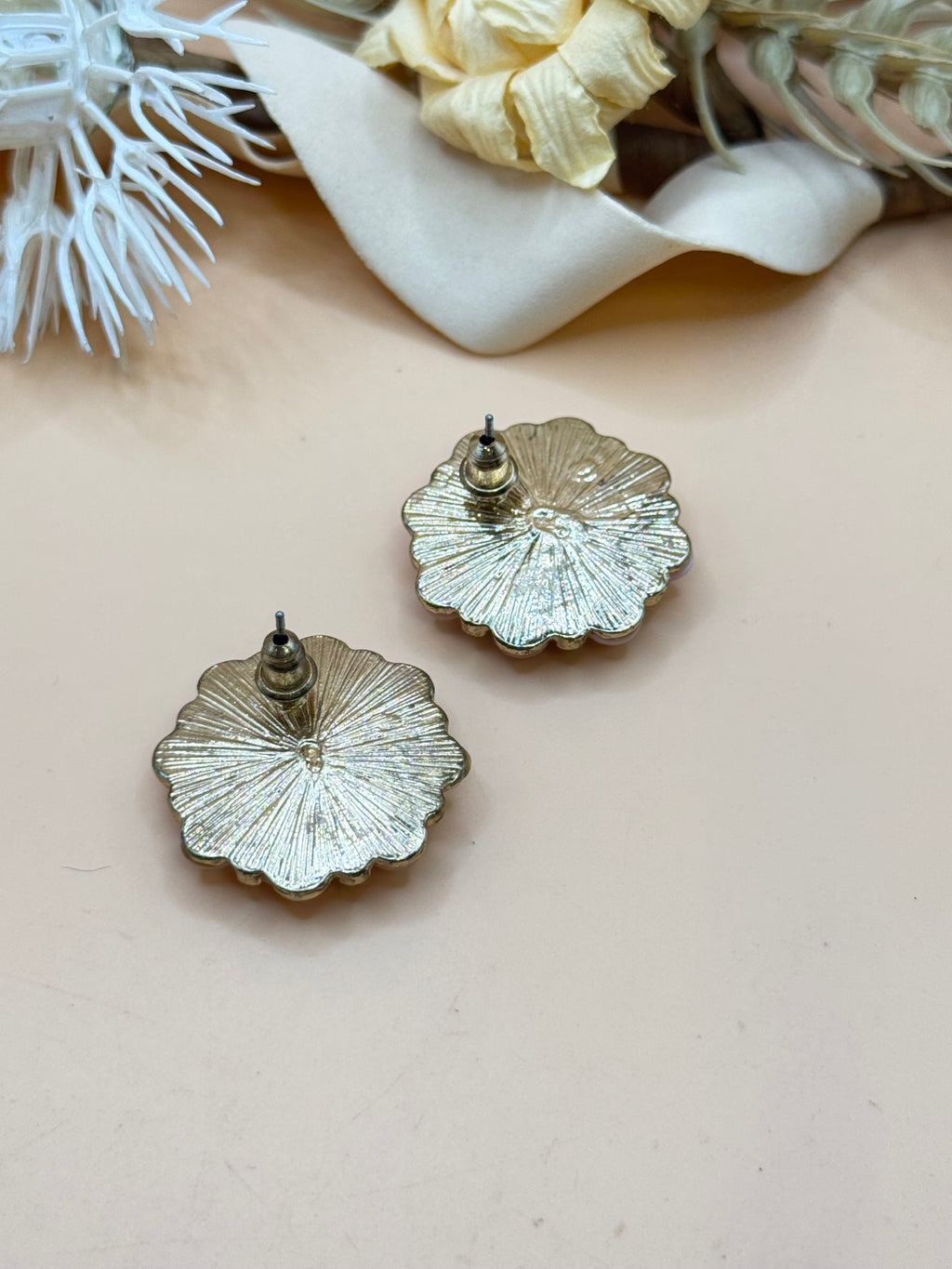 Coral Enamel & Rhinestone Floral Gold Tone Stud Earrings