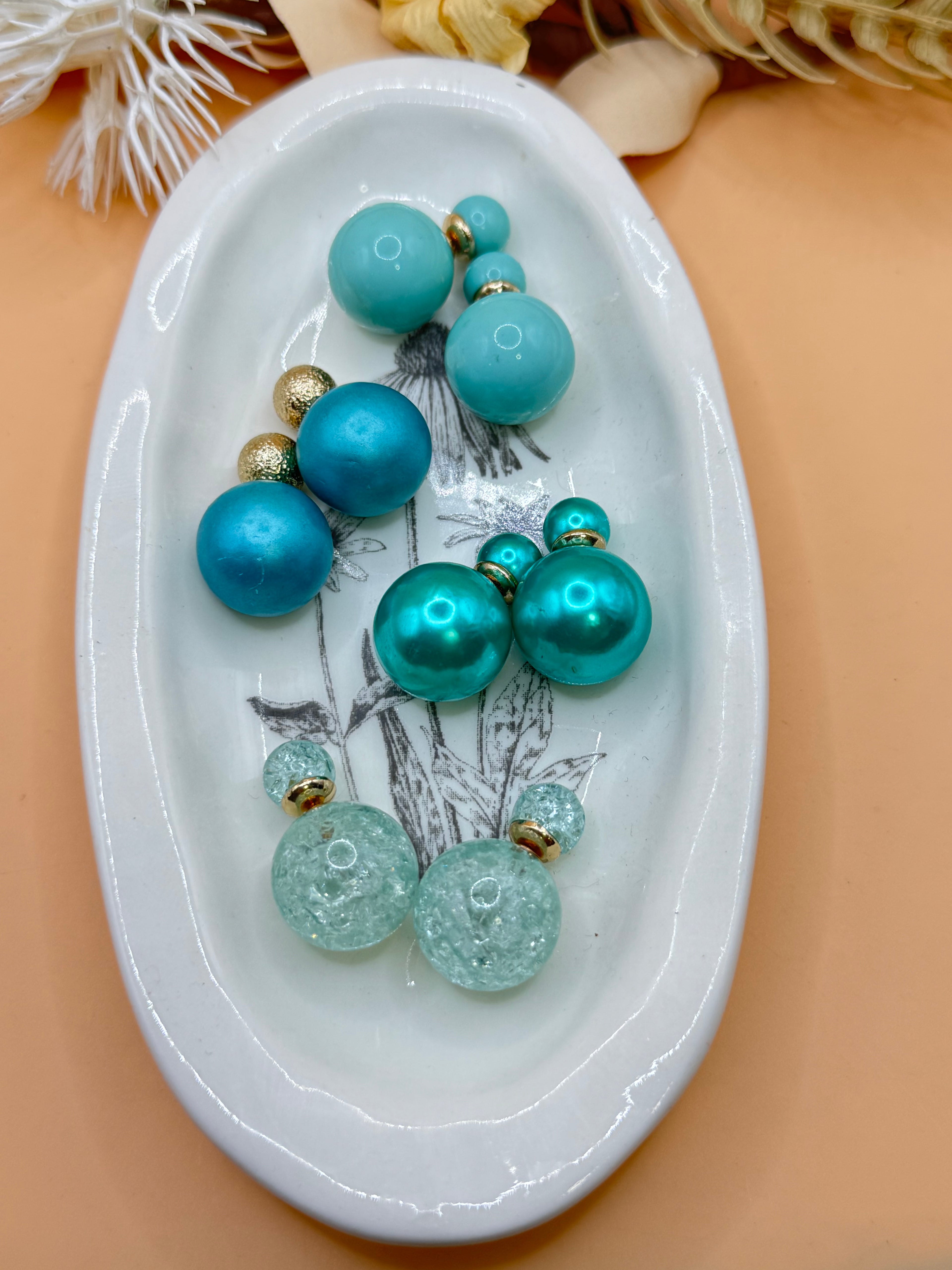 4 Pairs Double Sided Ball Stud Earrings Mixed Blue Tones Gold Tone