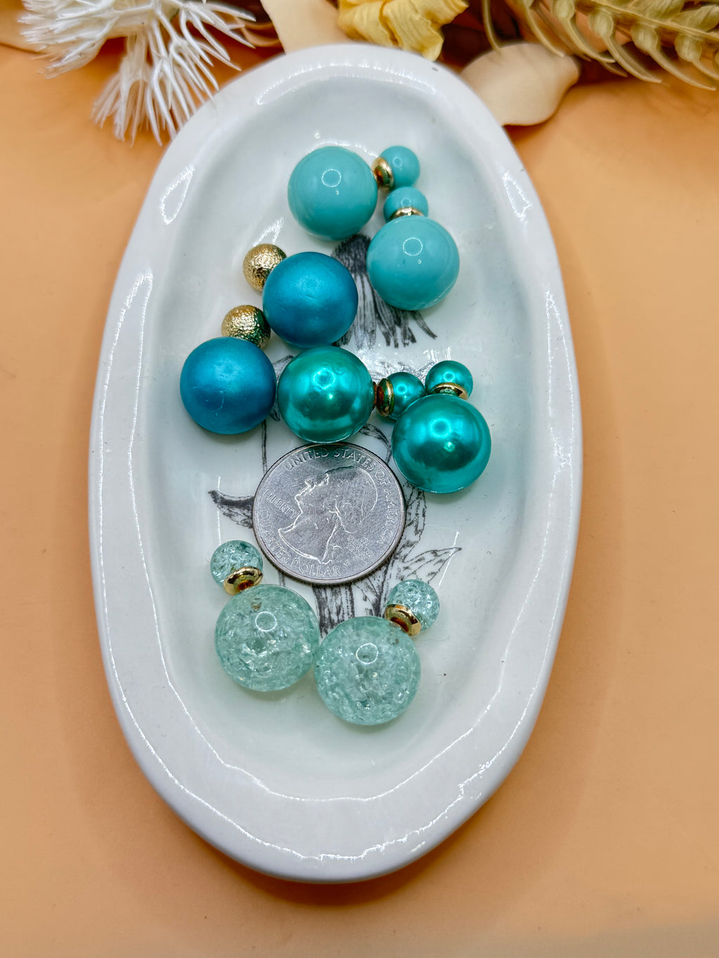 4 Pairs Double Sided Ball Stud Earrings Mixed Blue Tones Gold Tone