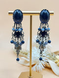 Vintage Blue Beaded Dangle Chandelier Statement Earrings Boho Festival Style