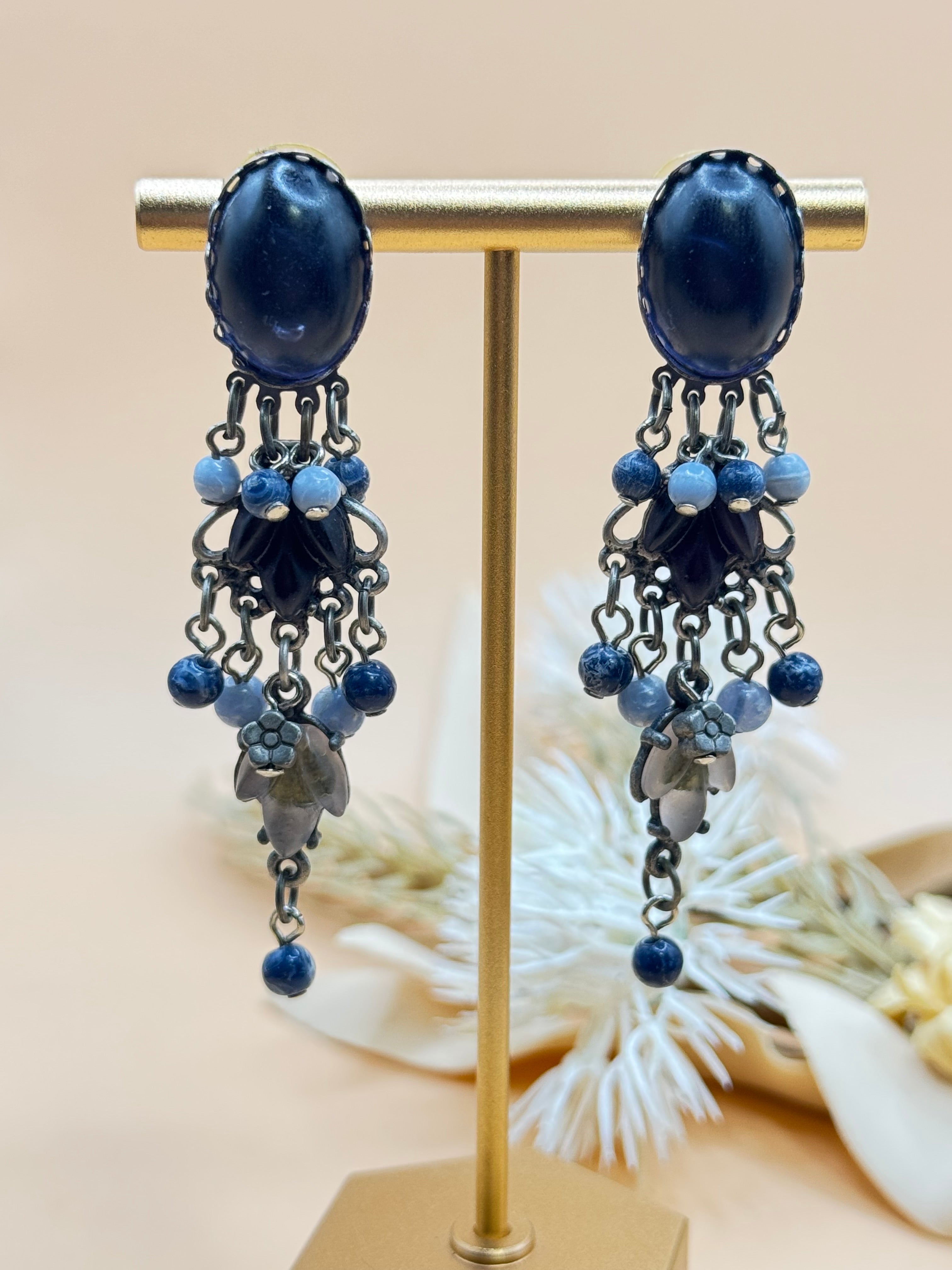 Vintage Blue Beaded Dangle Chandelier Statement Earrings Boho Festival Style