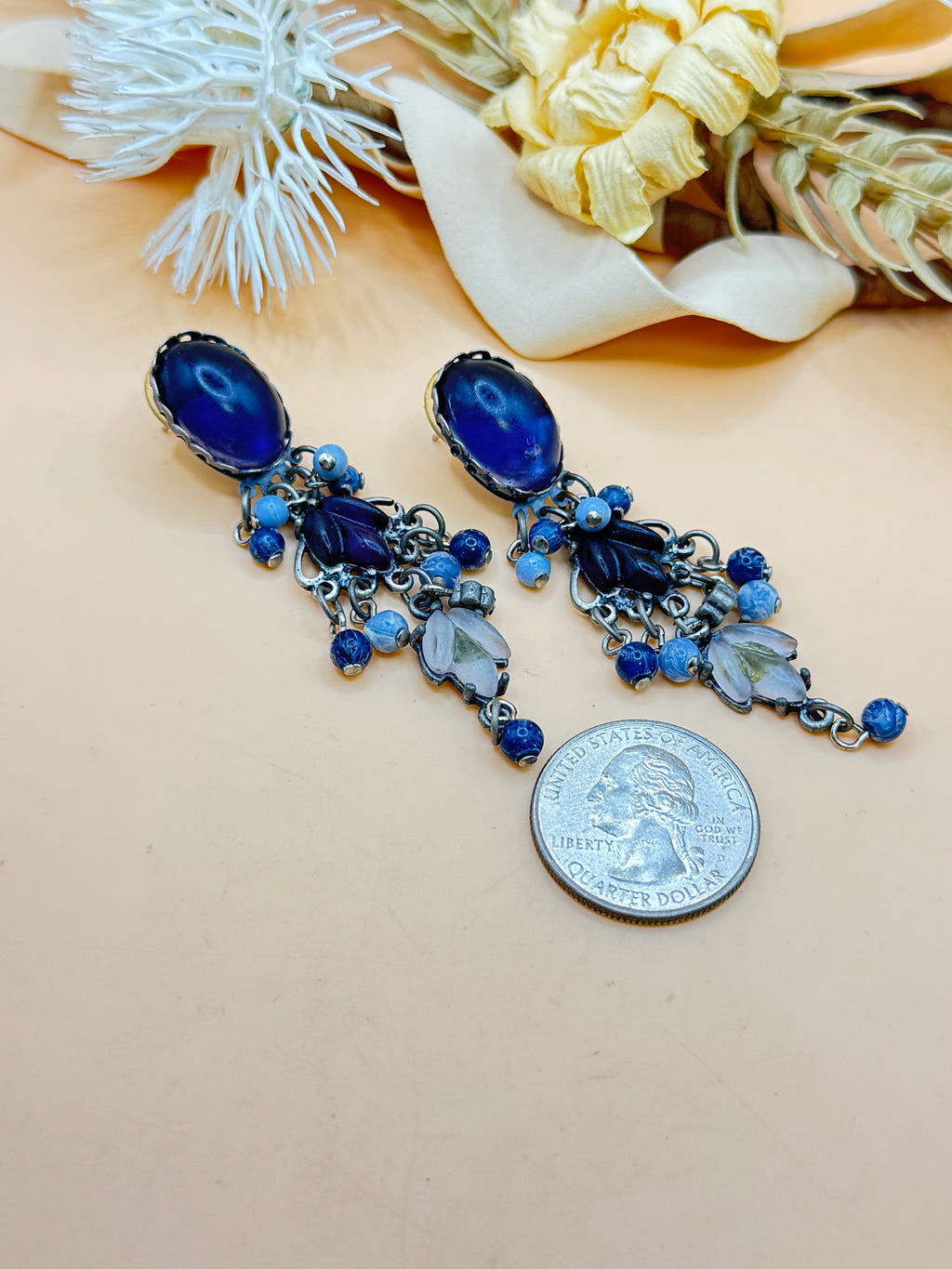 Vintage Blue Beaded Dangle Chandelier Statement Earrings Boho Festival Style
