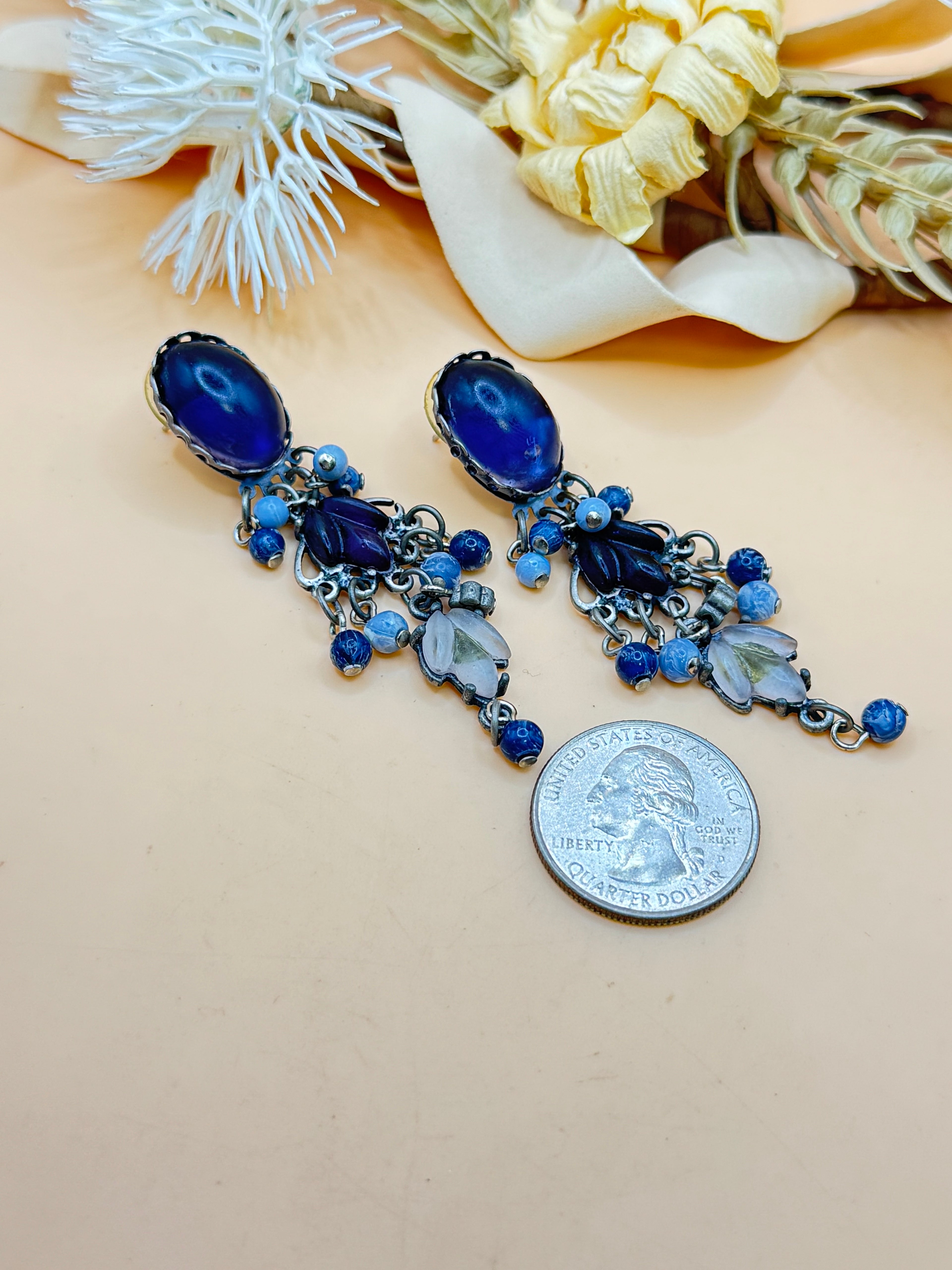 Vintage Blue Beaded Dangle Chandelier Statement Earrings Boho Festival Style