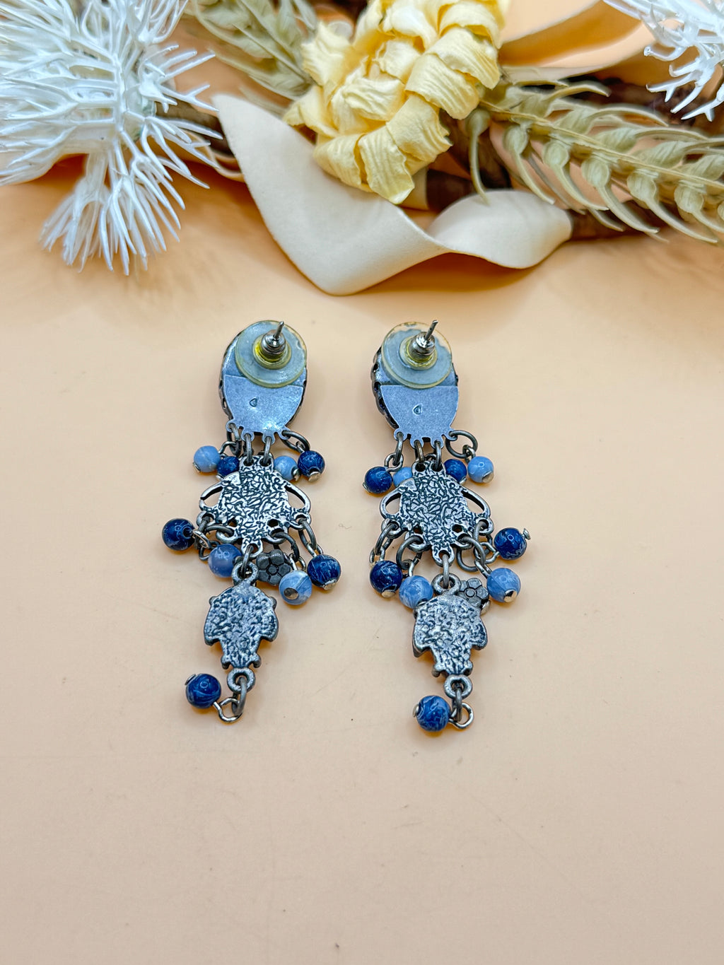 Vintage Blue Beaded Dangle Chandelier Statement Earrings Boho Festival Style